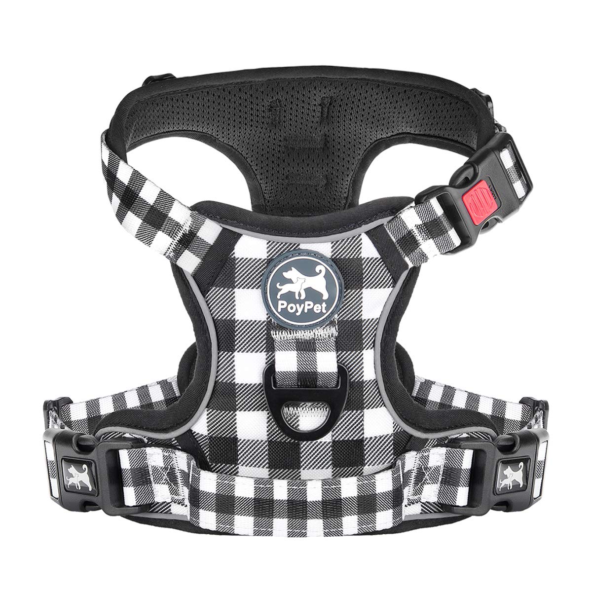 Poypet No Pull Dog Harness, [Neck Release] Reflective Adjustable No Choke Pet Vest With Front & Back 2 Leash Attachments, Soft Control Training Handle For Small Dogs(Grid,Xl)