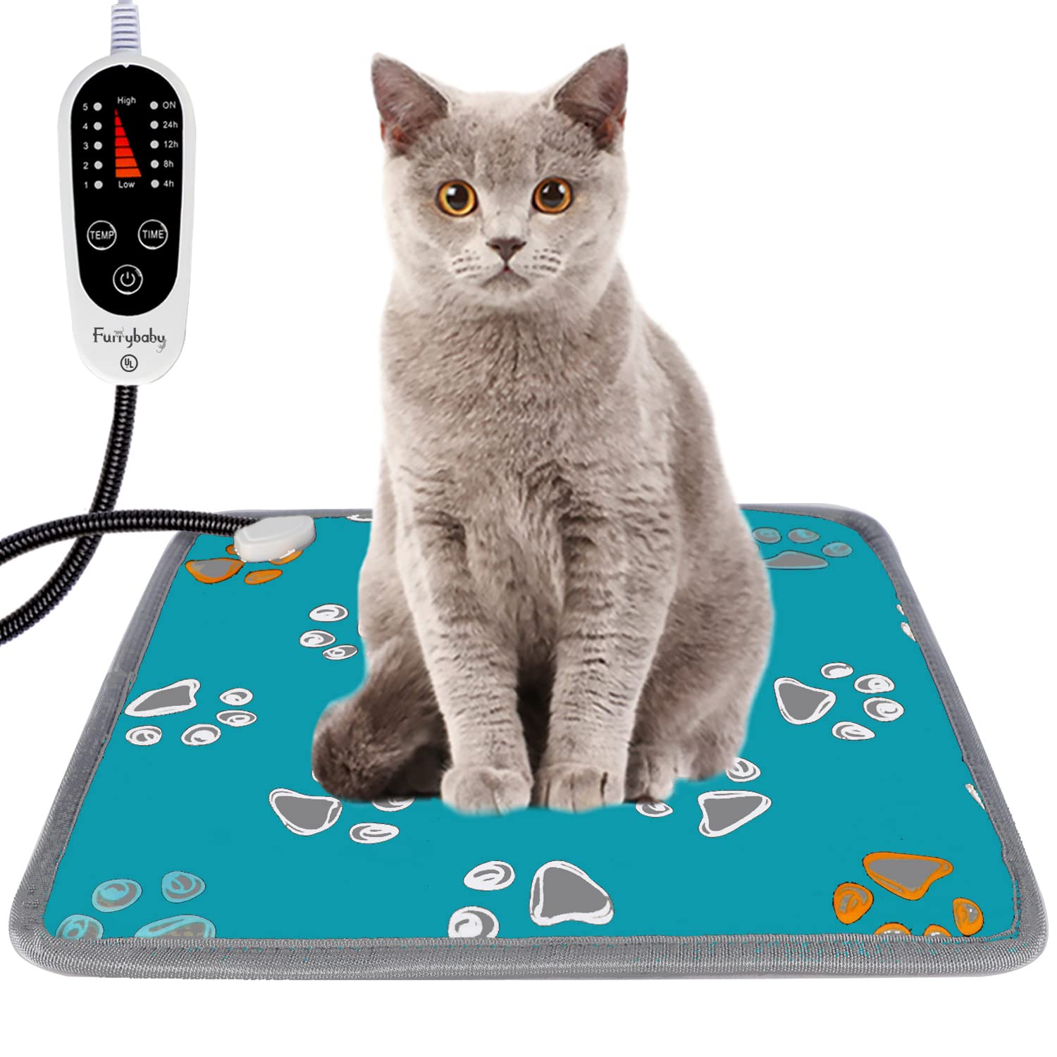Furrybaby Pet Heating Pad - Waterproof & Anti-Bite, 17"x17", Oxford Material, Green Paw, 5-Level Timer & Temperature Control