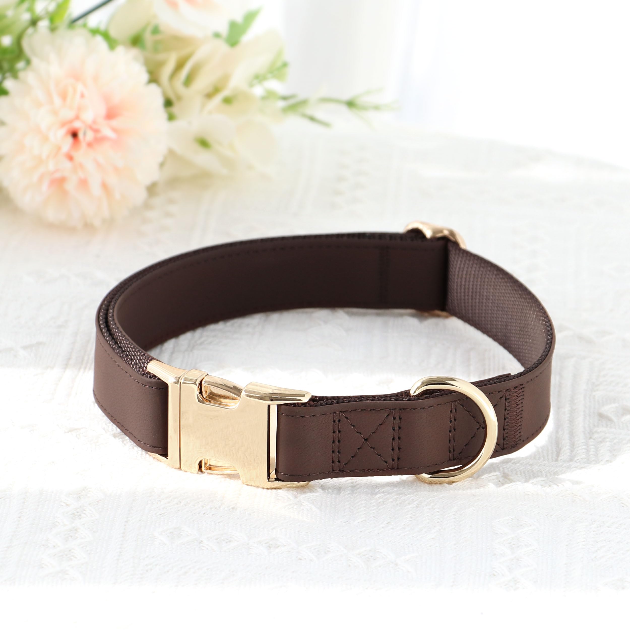 Pet Artist Charming Nylon Dog Collar With Leather Soft Comfy Elegant Nylon Collars For Dogs Small Medium Large 4 Bright Solid Color For Choosing Blue Red Brown Grey(Brown,Neck Fit 16-27'')