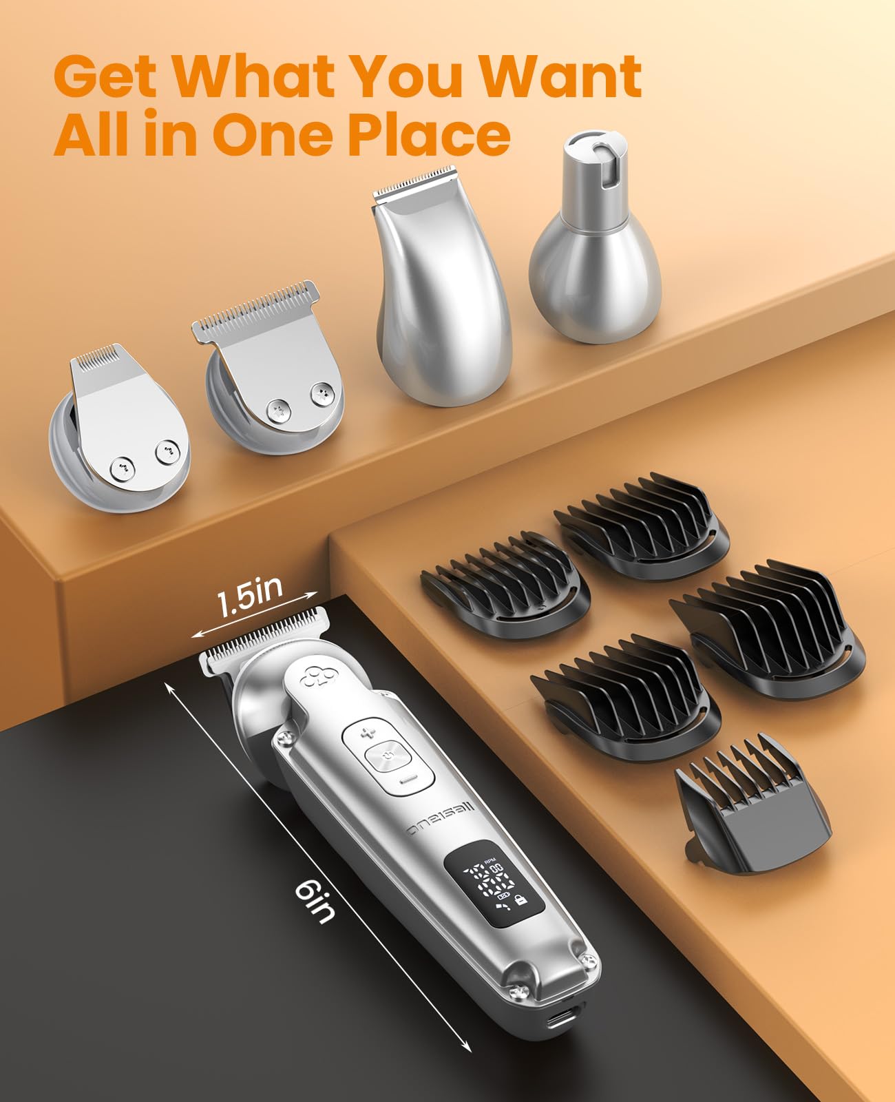 oneisall Small Dog Clippers - 4-in-1 Cordless Grooming Kit, Low Noise, 7000 RPM, Waterproof, Silver, Model FC09