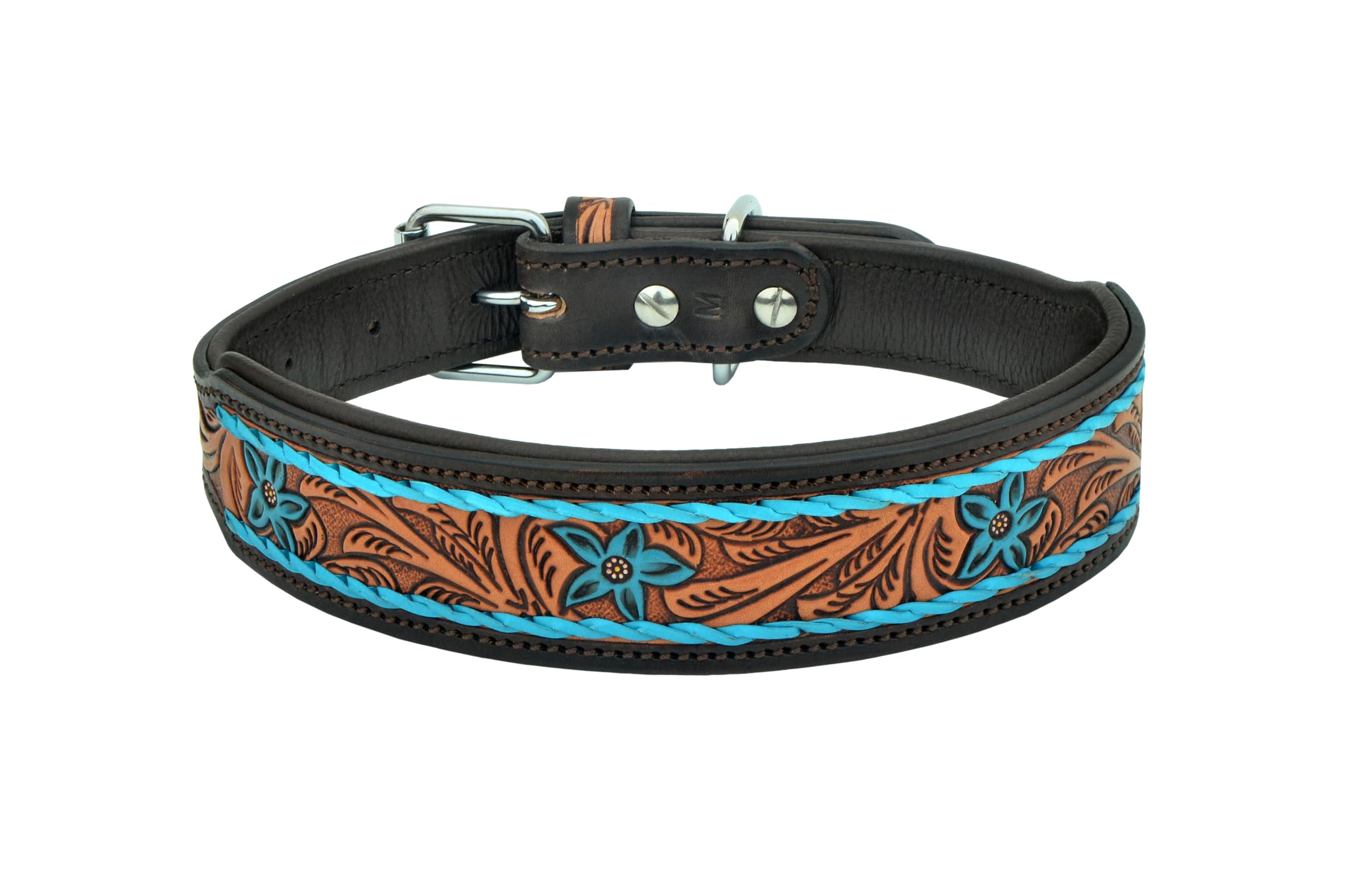 Leather Dog Collar Small Size Western Style Heavy Duty Hand Tooled Adjustable Padded Soft For Small Puppies And Big Dogs 10Ab139