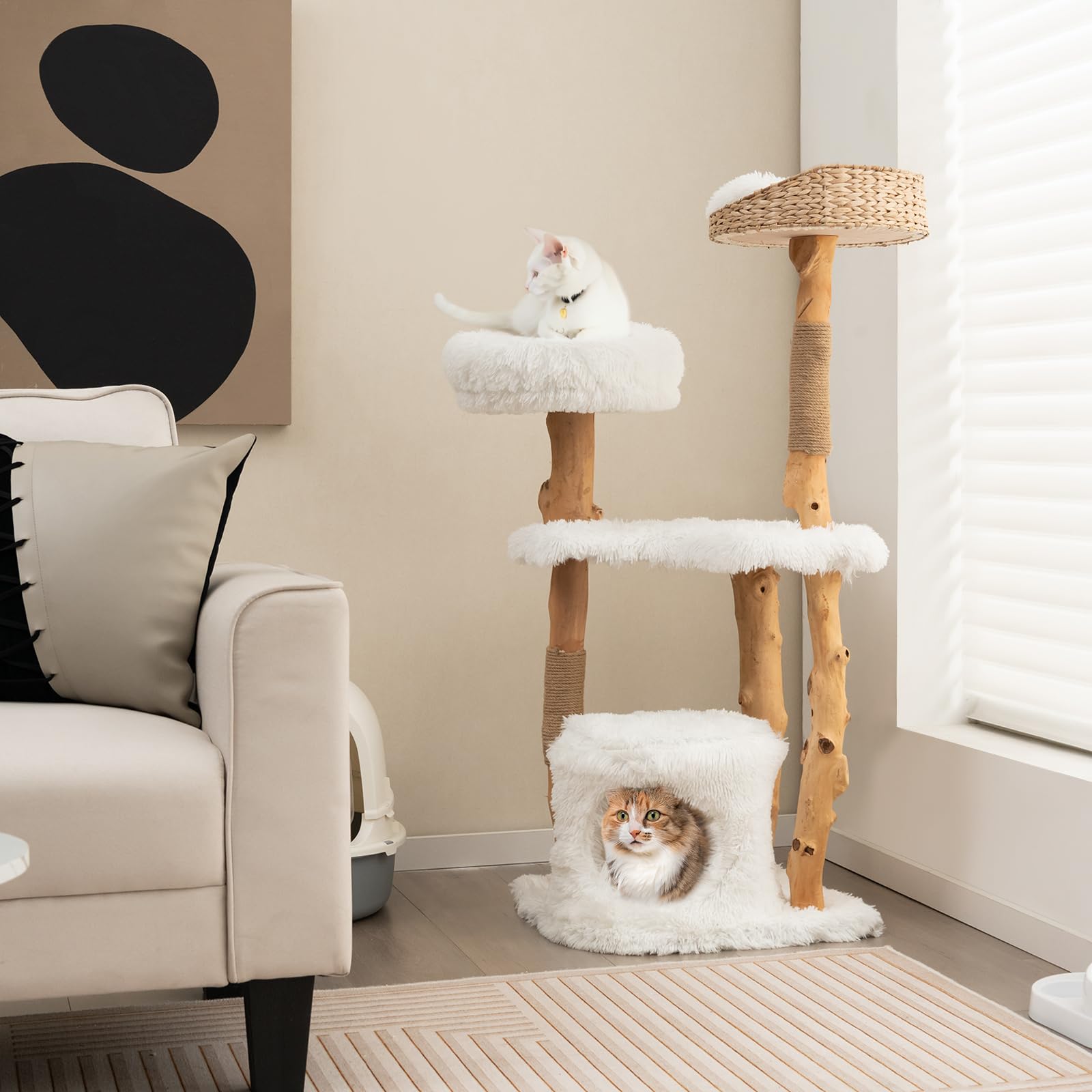 Tangkula Cat Tree For Indoor Cats, Solid Wood Modern Cat Tower With Top Cattail Basket Cat Bed, Side Perch, Large Platform & Cat Condo, Cute Cat Tree With Scratching Posts For Large Cats (49 Inch)