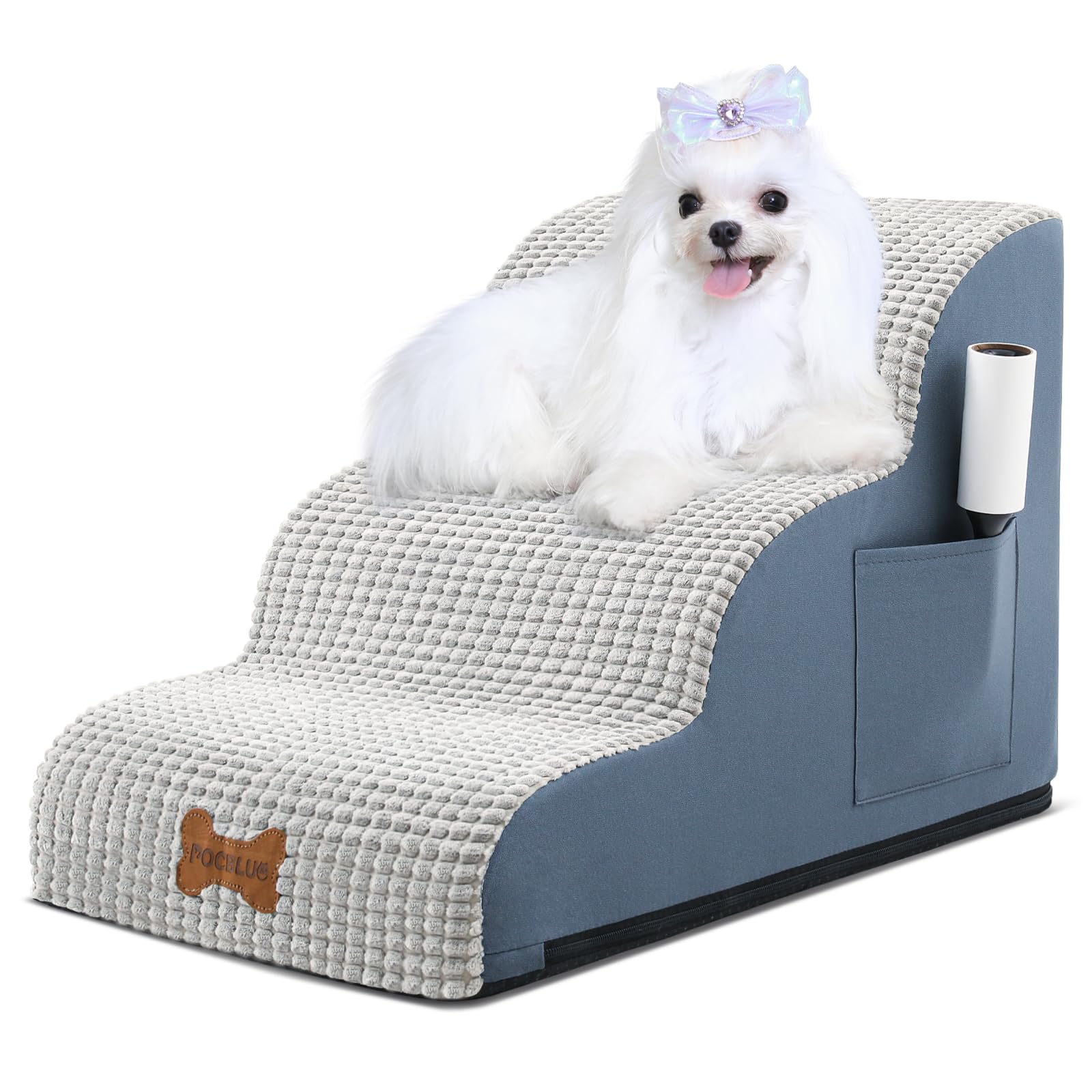 Pocblue Dog Stairs For Small Dogs 15.7'' H, 3-Step Wide Pet Step For High Bed Or Couch, Curved Pet Ramps For Cats With High-Dens