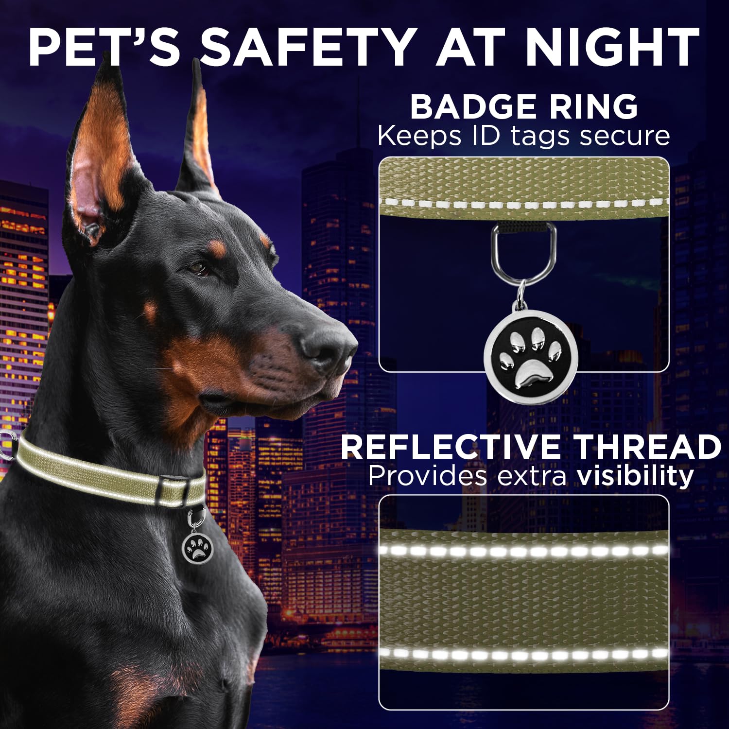 Teceum Reflective Pet Collar - Olive - L - Extra Soft Padding - Basic Nylon Dog Collar - Quick Release Buckle - Fits Small, Medi