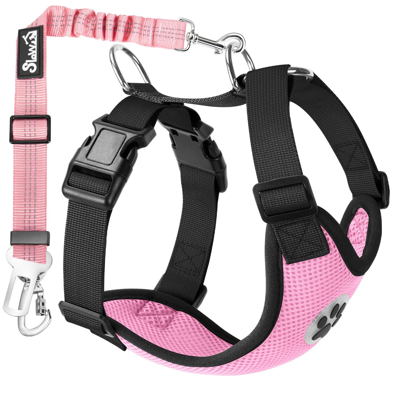 Lukovee Dog Safety Vest Harness With Seatbelt, Dog Car Harness Seat Belt Adjustable Pet Harnesses Double Breathable Mesh Fabric With Car Vehicle Connector Strap For Dog (Small, Pink - Double Clip)