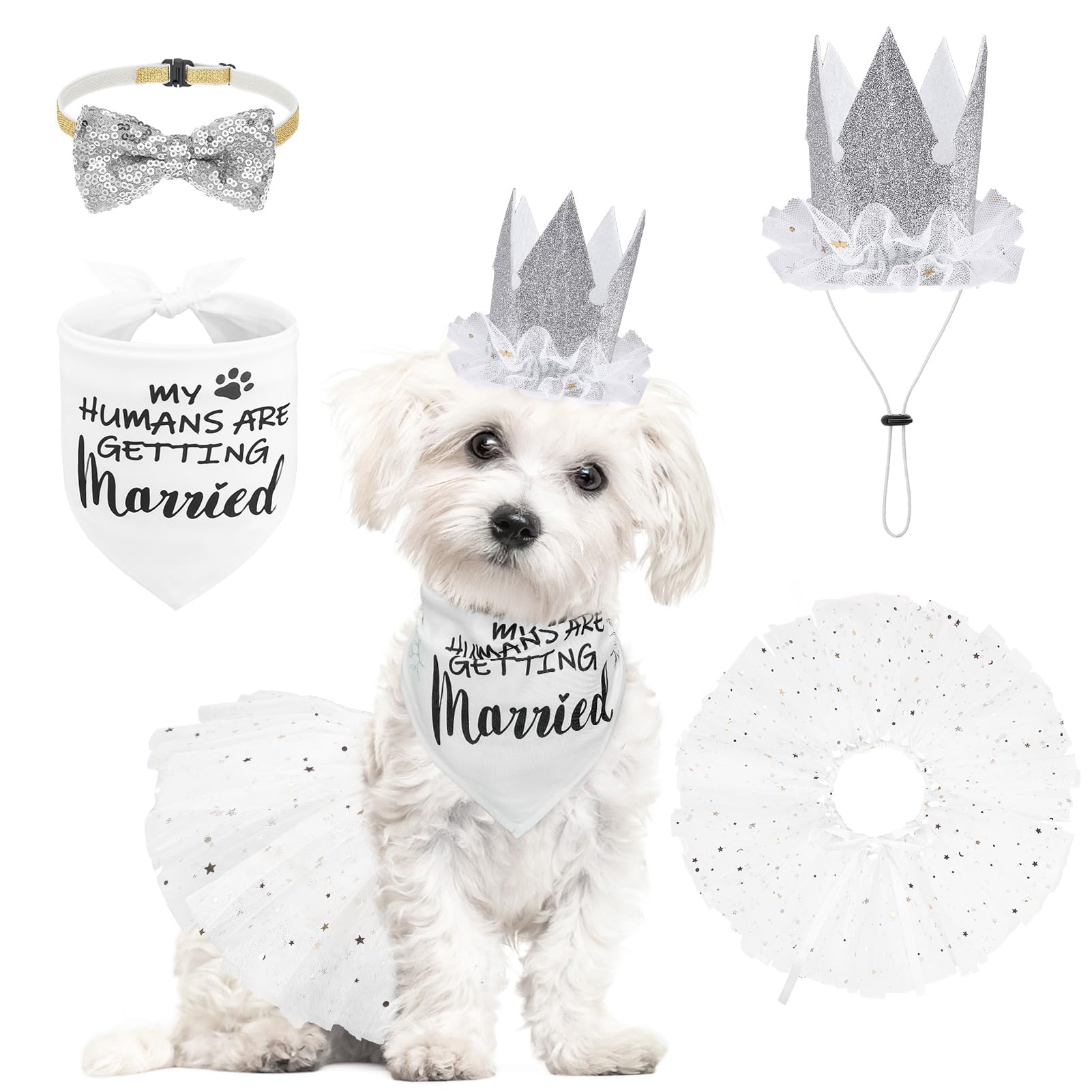 SCENEREAL Dog Wedding Outfit Dress with Bandana Bowite Collar and Crown Hat Set for Dog Girls, Puppy Kitty Party Supplies, Tutu 