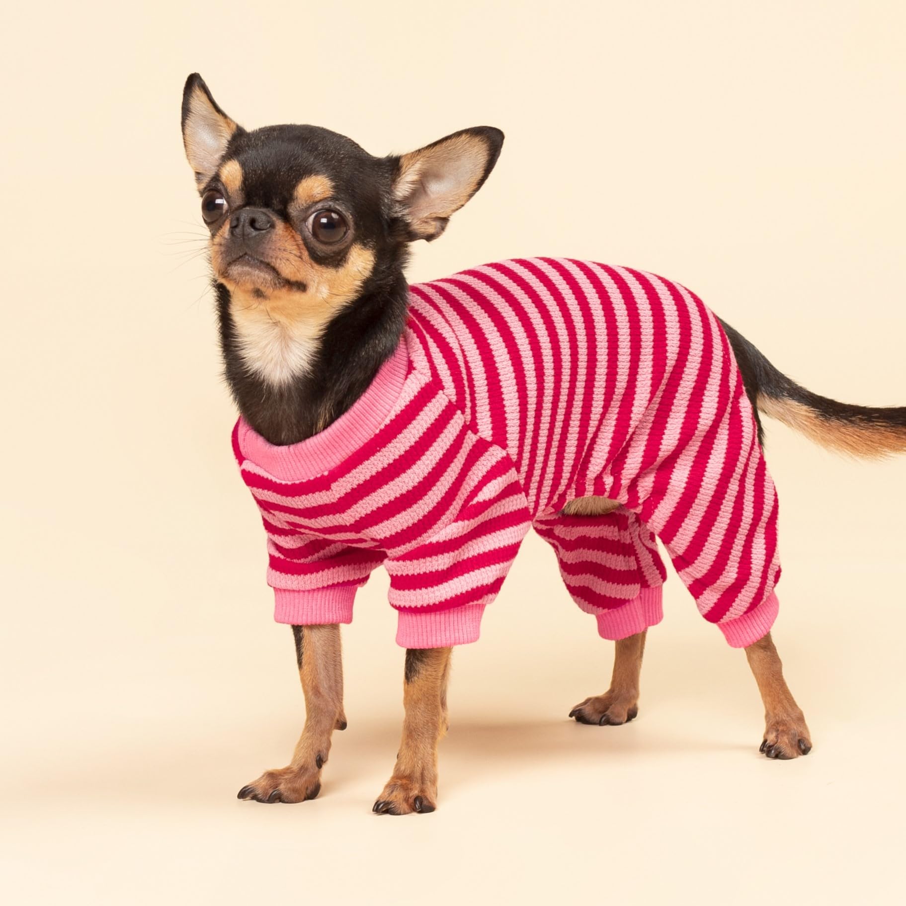 Fitwarm Dog Pajamas - Light Pink & Red Striped Waffle Onesie, Large, for Small Dogs and Puppies, Model B1339