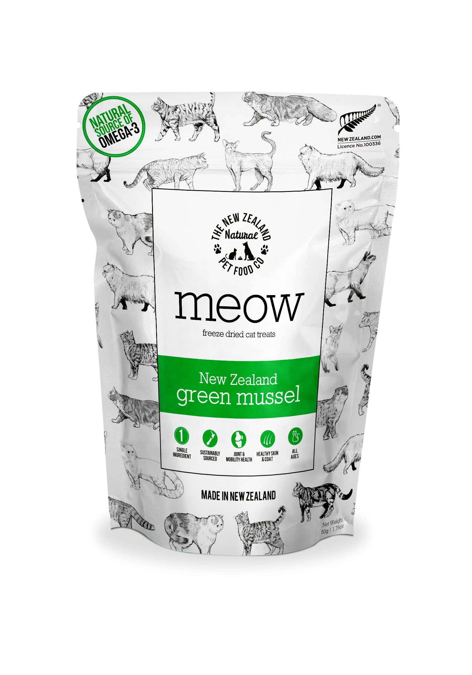 The New Zealand Natural Pet Food Co. Meow Freeze Dried Cat Treats - New Zealand Green Mussel, High Protein, Healthy Cat Snacks a