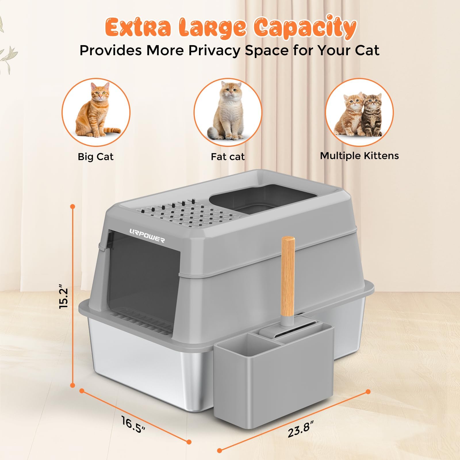 URPOWER Stainless Steel Cat Litter Box, Extra Large Enclosed with Lid, Gray-XL, Non-Sticky Metal Pan, Easy Cleaning, Front & Top Entry