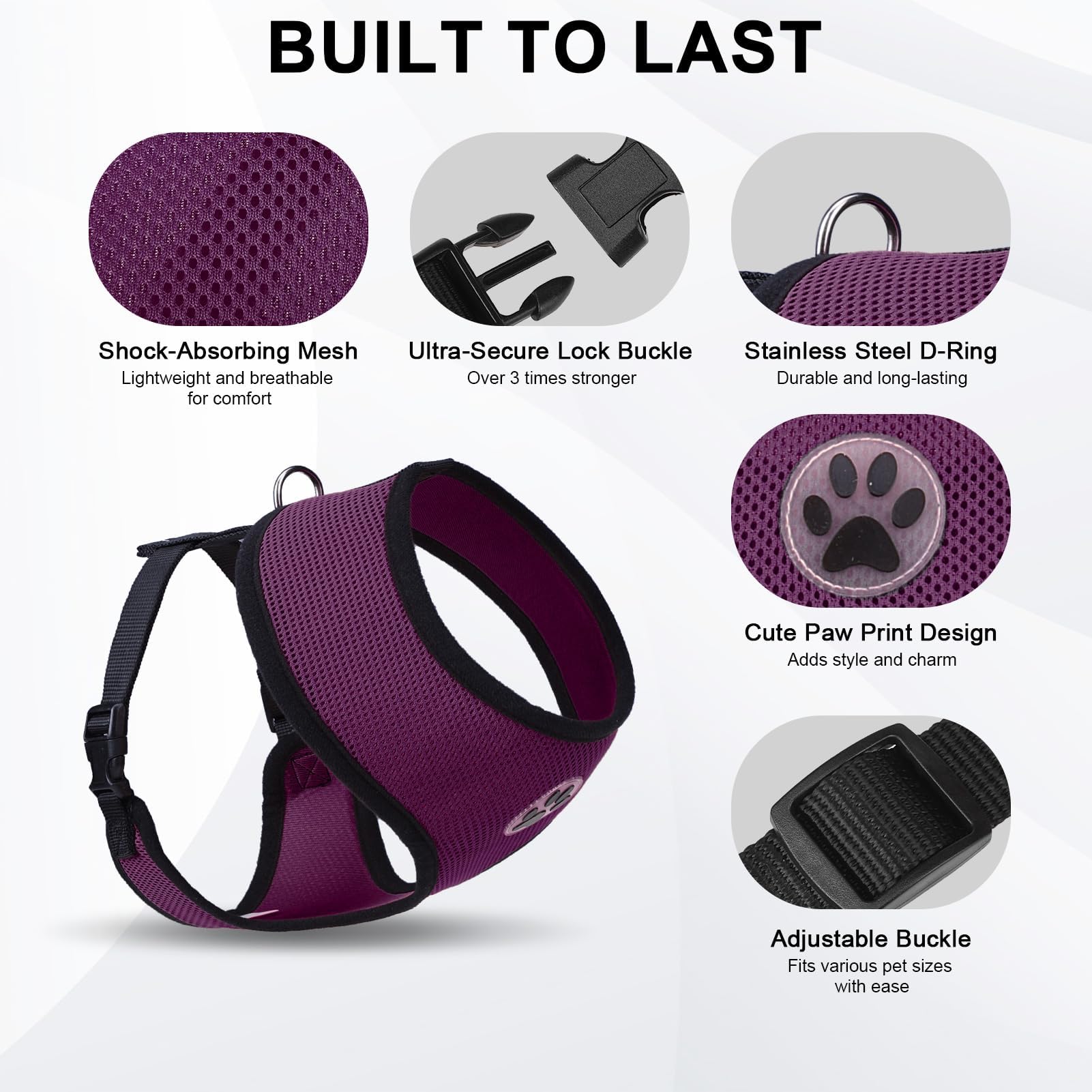 BINGPET Small Dog Harness - No Pull Adjustable Vest for X-Small Dogs, Breathable Mesh, Purple, Model BB5001C005
