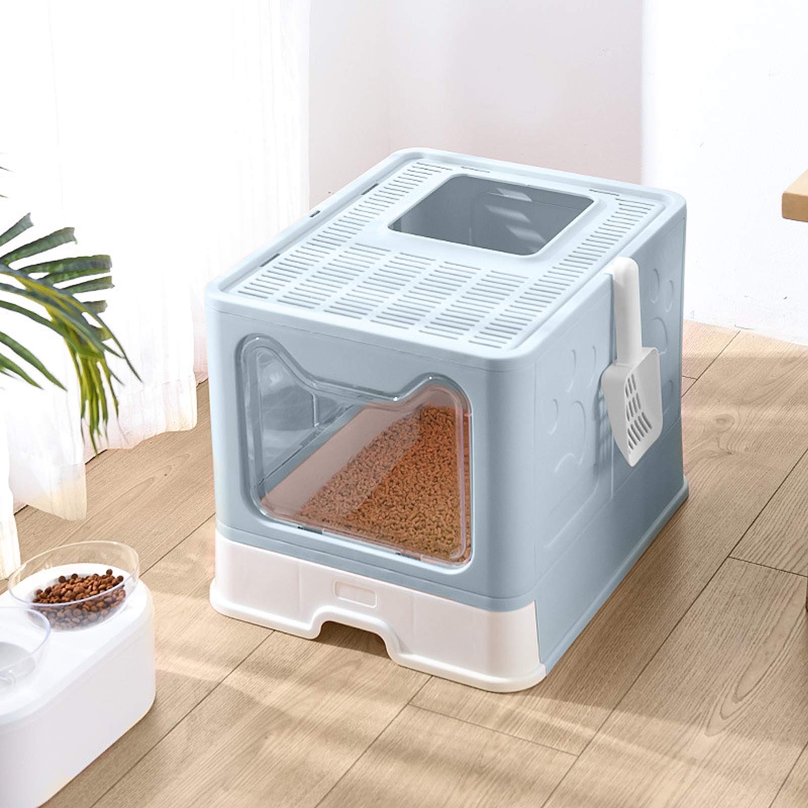 Petphabet Cat Litter Box, Square Foldable Jumbo Hooded Cat Litter Box With Plastic Scoop (Blue)