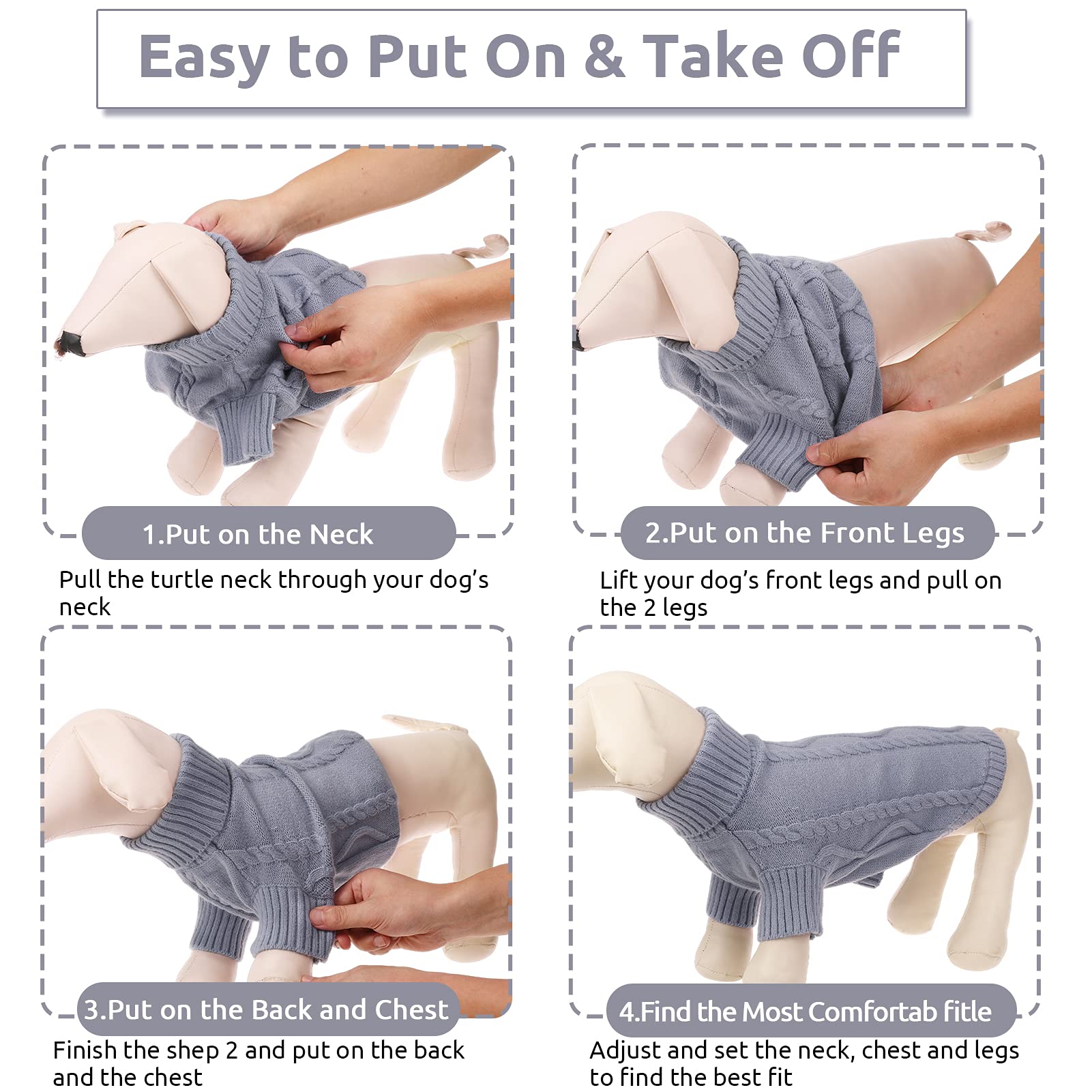Queenmore Small Dog Pullover Sweater, Cold Weather Cable Knitwear, Classic Turtleneck Thick Warm Clothes For Chihuahua, Bulldog, Dachshund, Pug, Yorkie (Grey, Large)