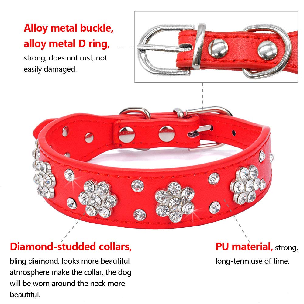 Serijoars Cute Flower Rhinestone Dog Collar, Bling Collar Pu Leather, Adjustable Sizes (Xs, Hot Pink)