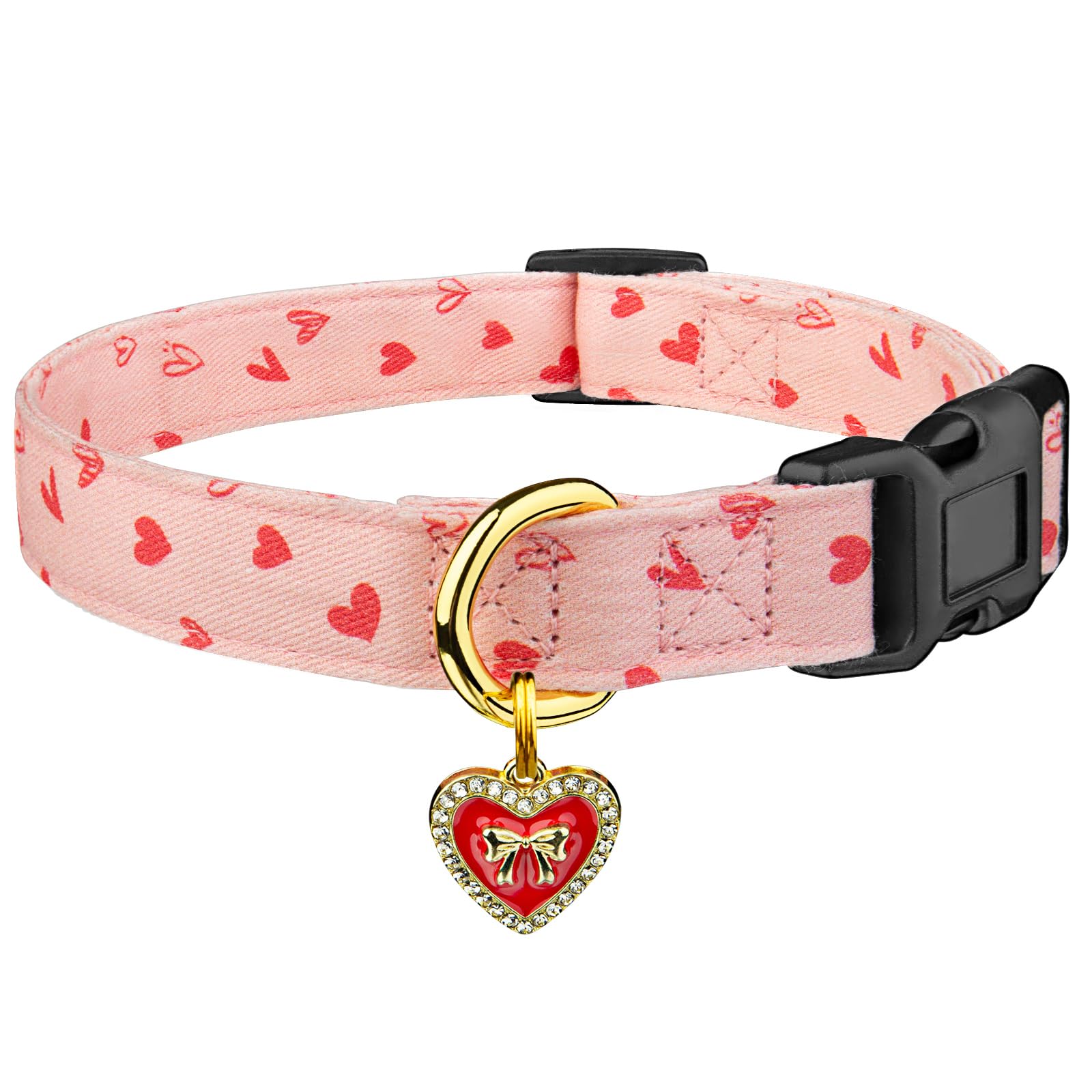 Cotton Handmade Dog Collar Cute And Distinctive Patterns Pink Heart With Pendant For Girl Boy Dogs Collars M