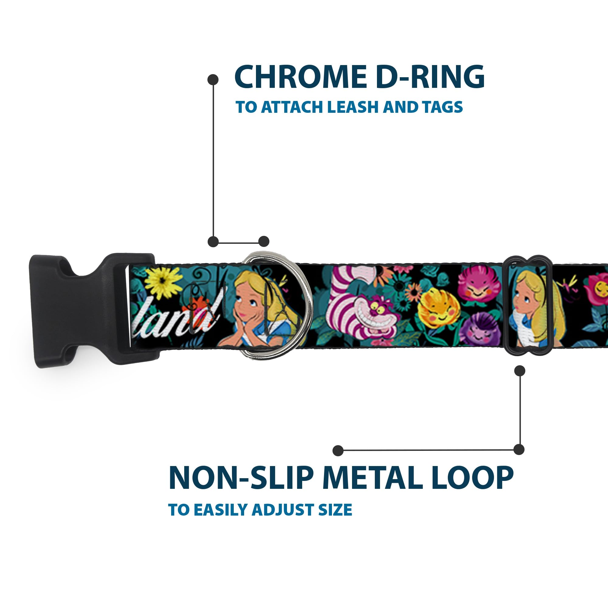Buckle-Down Alice/Cheshire Cat/Flowers Poses2/Follow Me To Wonderland Plastic Clip Collar, Large/15-26''