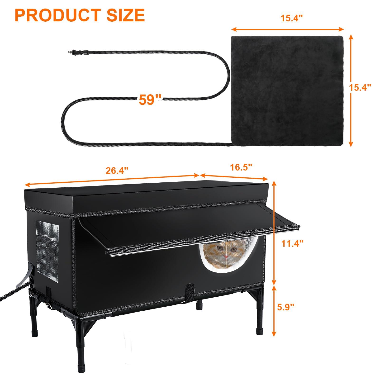 Outdoor Heated Cat House Weatherproof With Heating Pad, Insulated Heated Cat House For Outside, Feral Cat Houses For Outdoor Cat