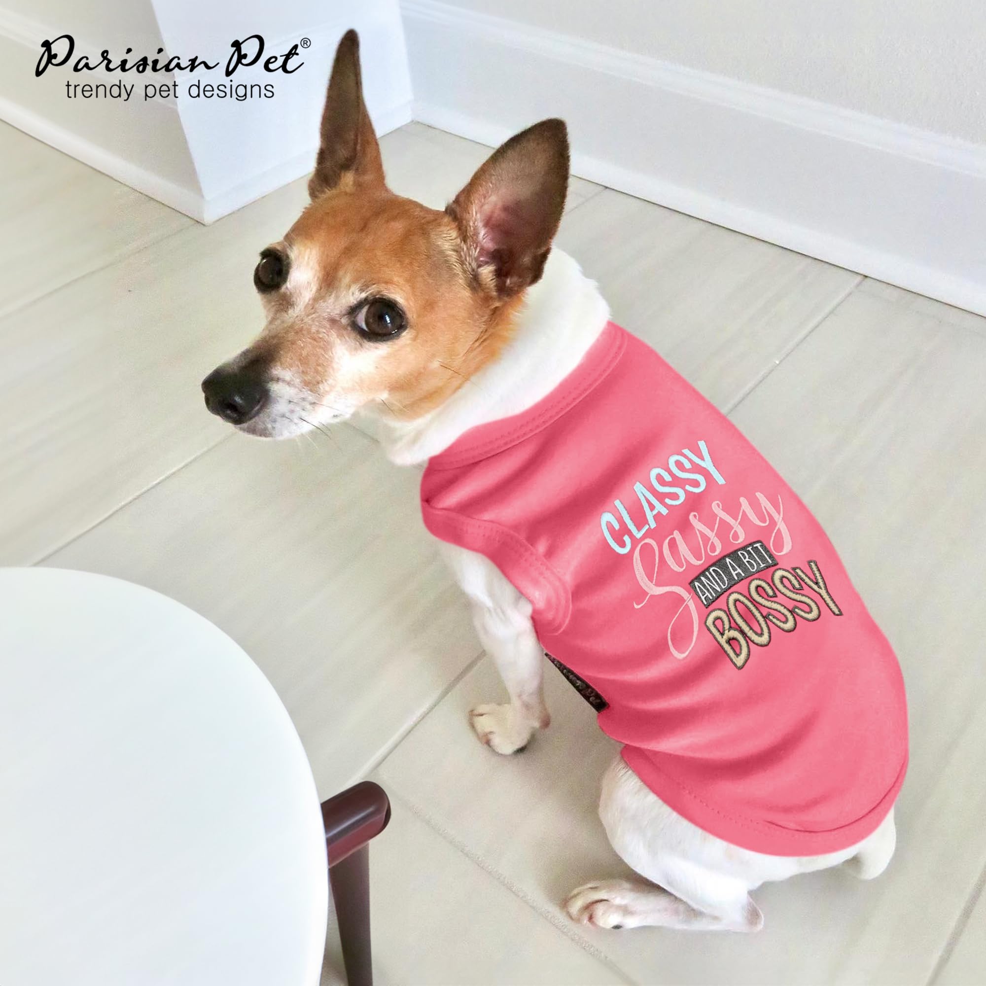 Parisian Pet Dog T-Shirt With Embroidered 'Classy, Sassy And Bit Bossy' Words - 100% Cotton, Pink Dog Clothes - Cute Pet Vest - Machine Washable Dog Shirts For Small Dogs, S