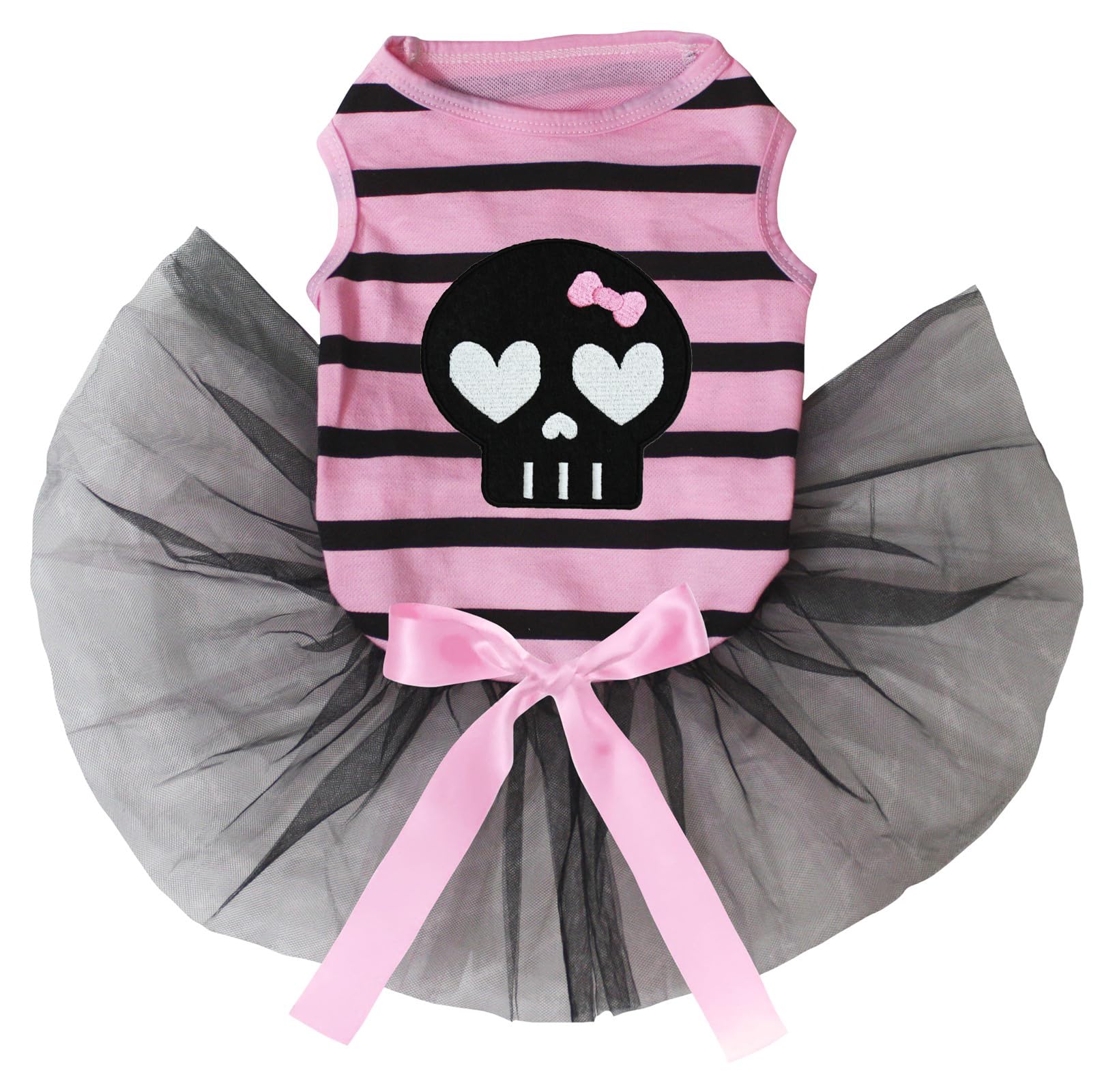 Petitebella Black Skull Face Puppy Dog Dress (Pink Stripes/Black, Medium)