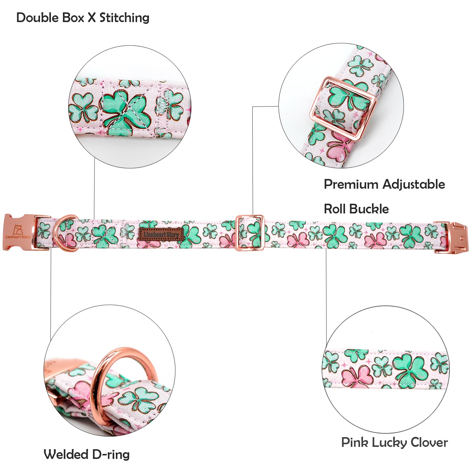 Lionheart Glory St. Patrick Dog Collar, Clover Pink Collar For Medium Dogs Spring Female Dog Collars Adjustable Heavy-Duty Dog C
