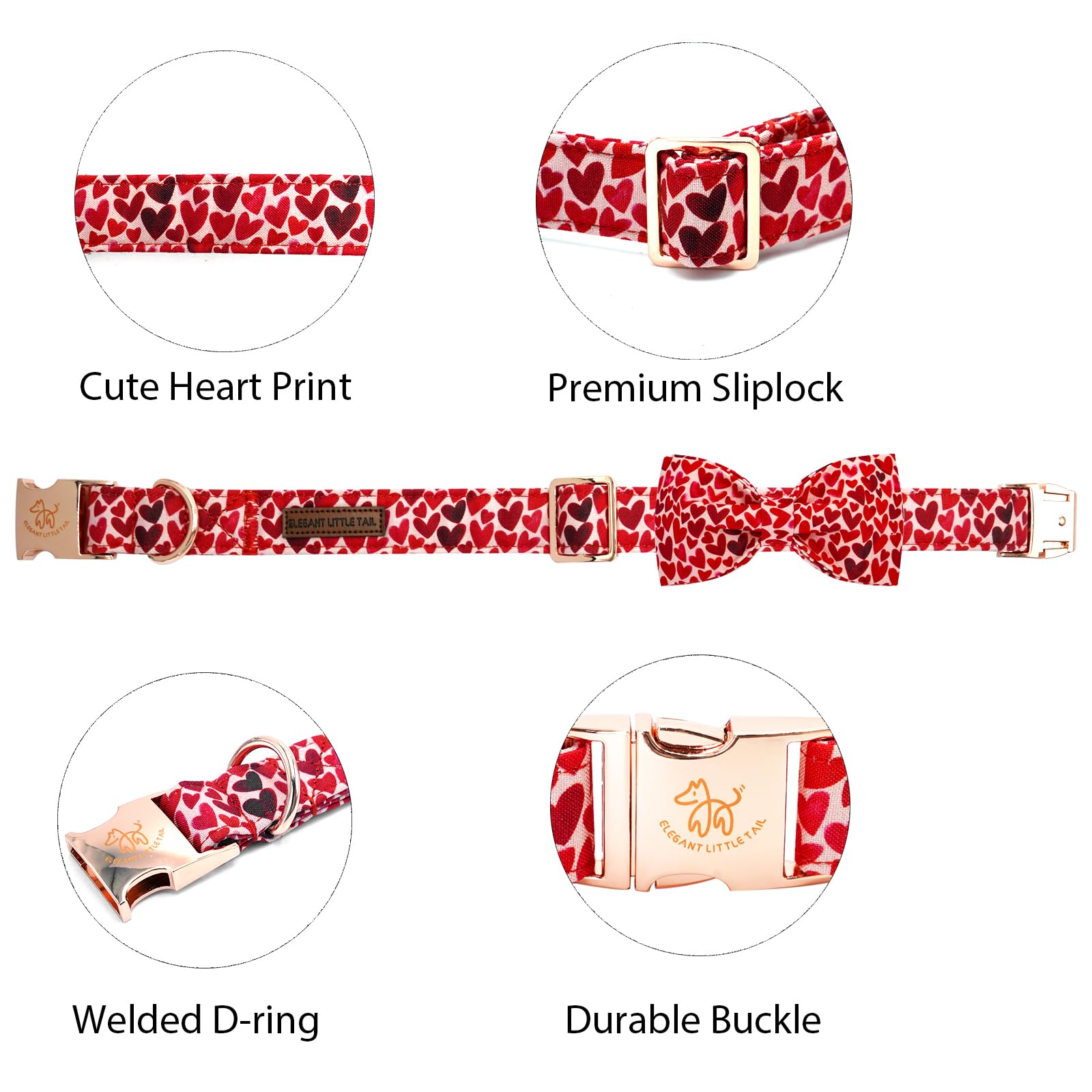 Elegant little tail Valentine's Dog Collar, Cute Red Heart Dog Collar with Bow for Medium Dogs, Female or Male Adjustable Cotton