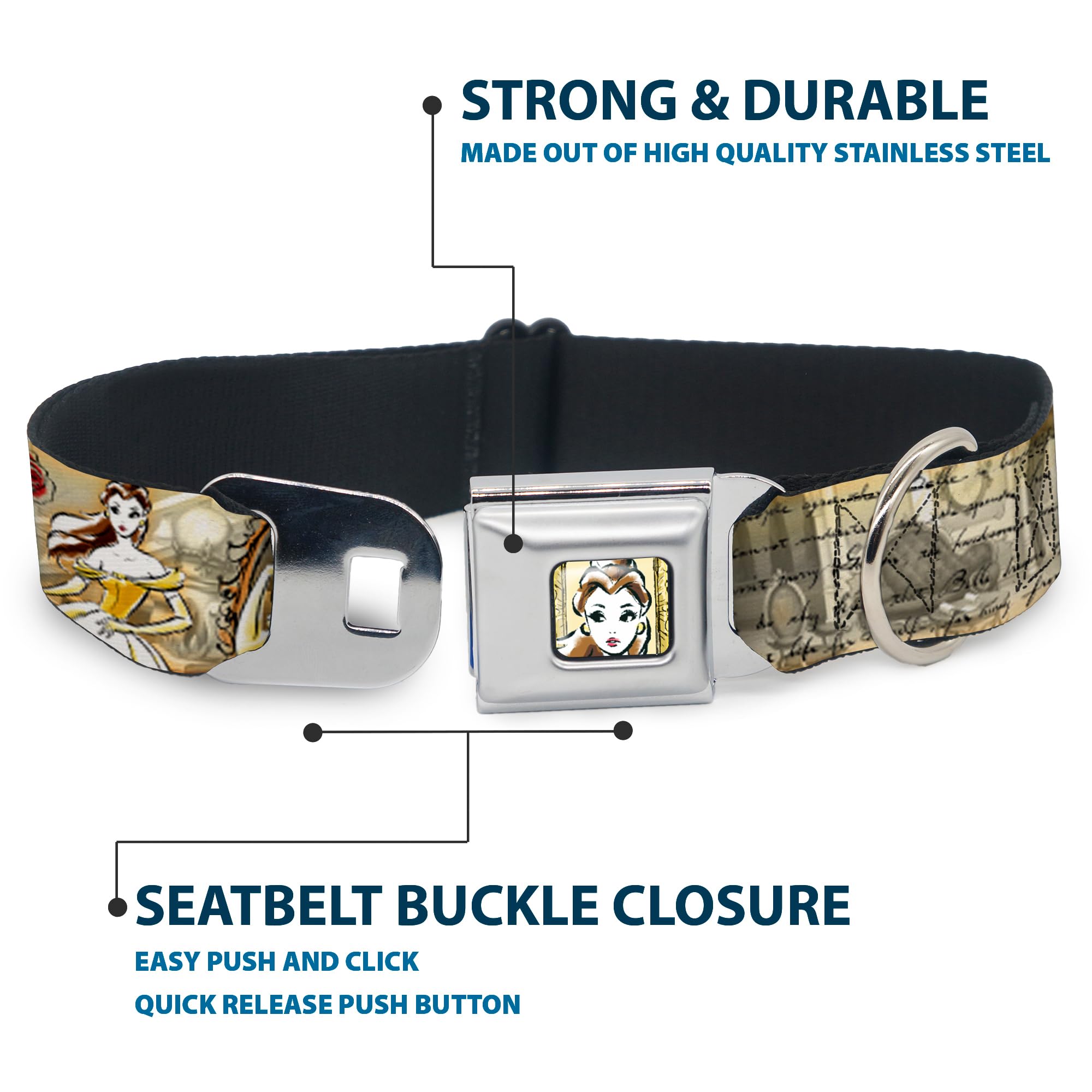 Buckle-Down Seatbelt Buckle Dog Collar - Belle Sketch Poses/Story Script - 1.5 Wide - Fits 16-23 Neck - Medium