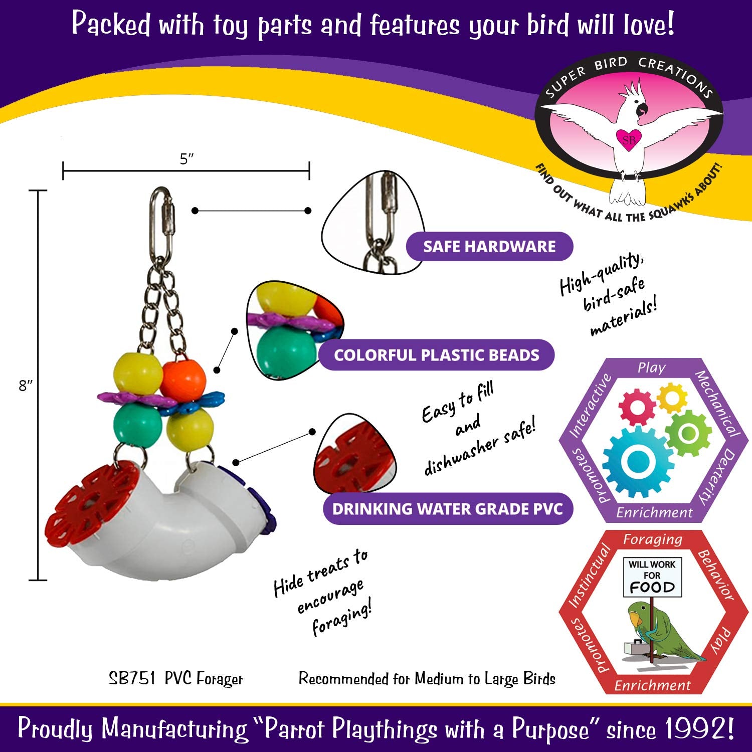 Super Bird Creations SB751 PVC Forager Bird Toy, Medium/Large Bird Size, 3? x 5? x 8?