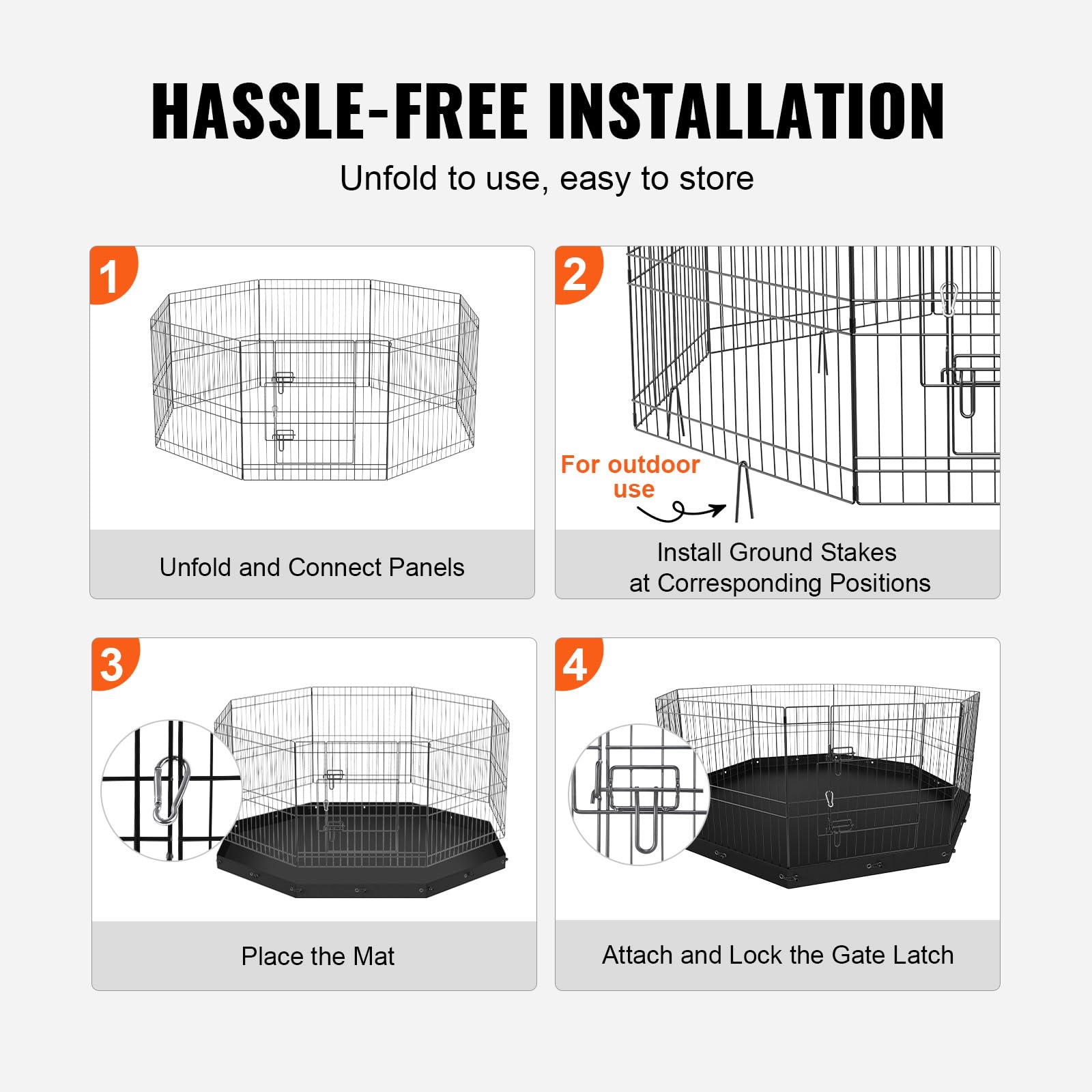 VEVOR Foldable Metal Dog Exercise Pen, Pet Playpen Dog Fence for Camping with Bottom Pad, 24 H 8 Panels, Puppy Crate Kennel Indo