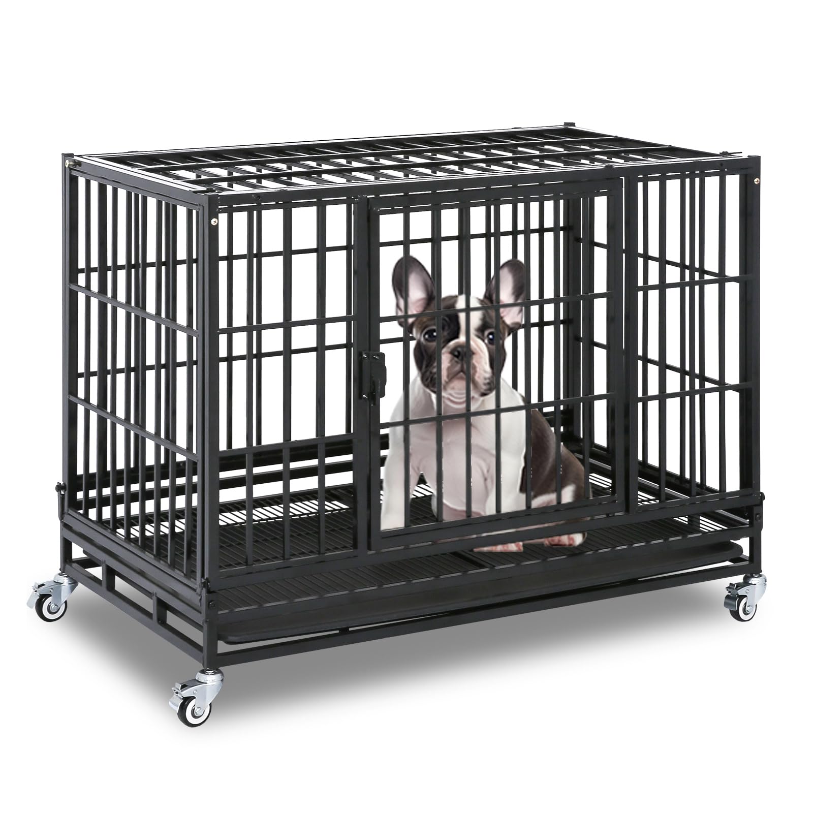 Homey Pet 37 Inch Heavy Duty Dog Crate For Medium Dogs, Stackable Dog Cage With Four Lockable Wheels, Removable Tray & Grid, Ope