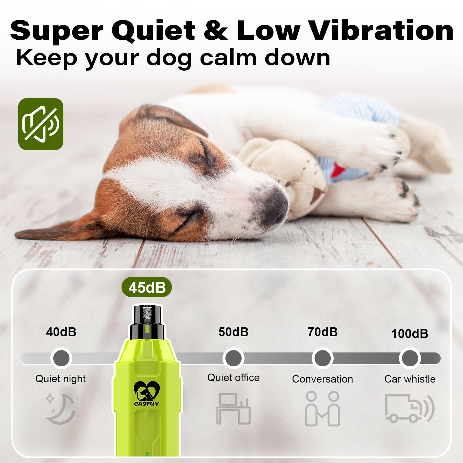 Casfuy 6-Speed Dog Nail Grinder - Super Quiet Rechargeable Trimmer for Large Medium Small Dogs - Green, Model N60
