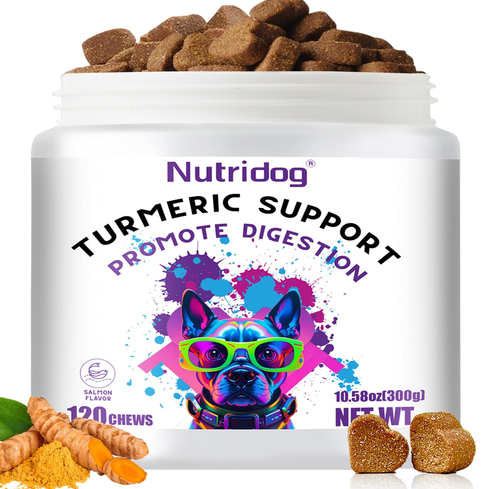 Nutridog Turmeric Chews for Dogs with Curcumin & Coconut Oil Joint Pain Relief, Anti-Inflammatory Antioxidant Support, 120 Salmo
