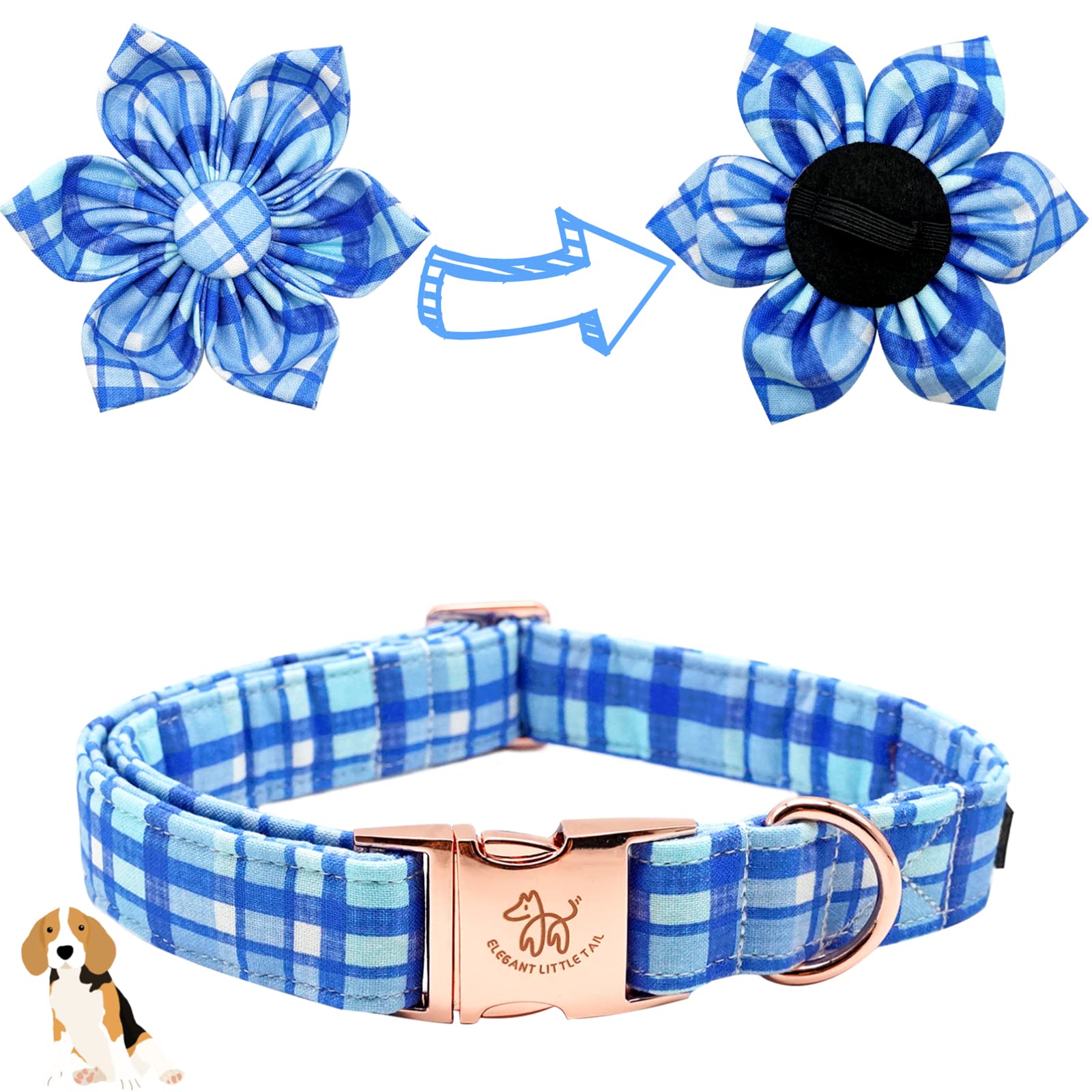 Elegant little tail Dog Collar with Flower - Blue Plaid Dog Collar Cute Flower Collar Adjustable Dog Collar for Small Puppy and