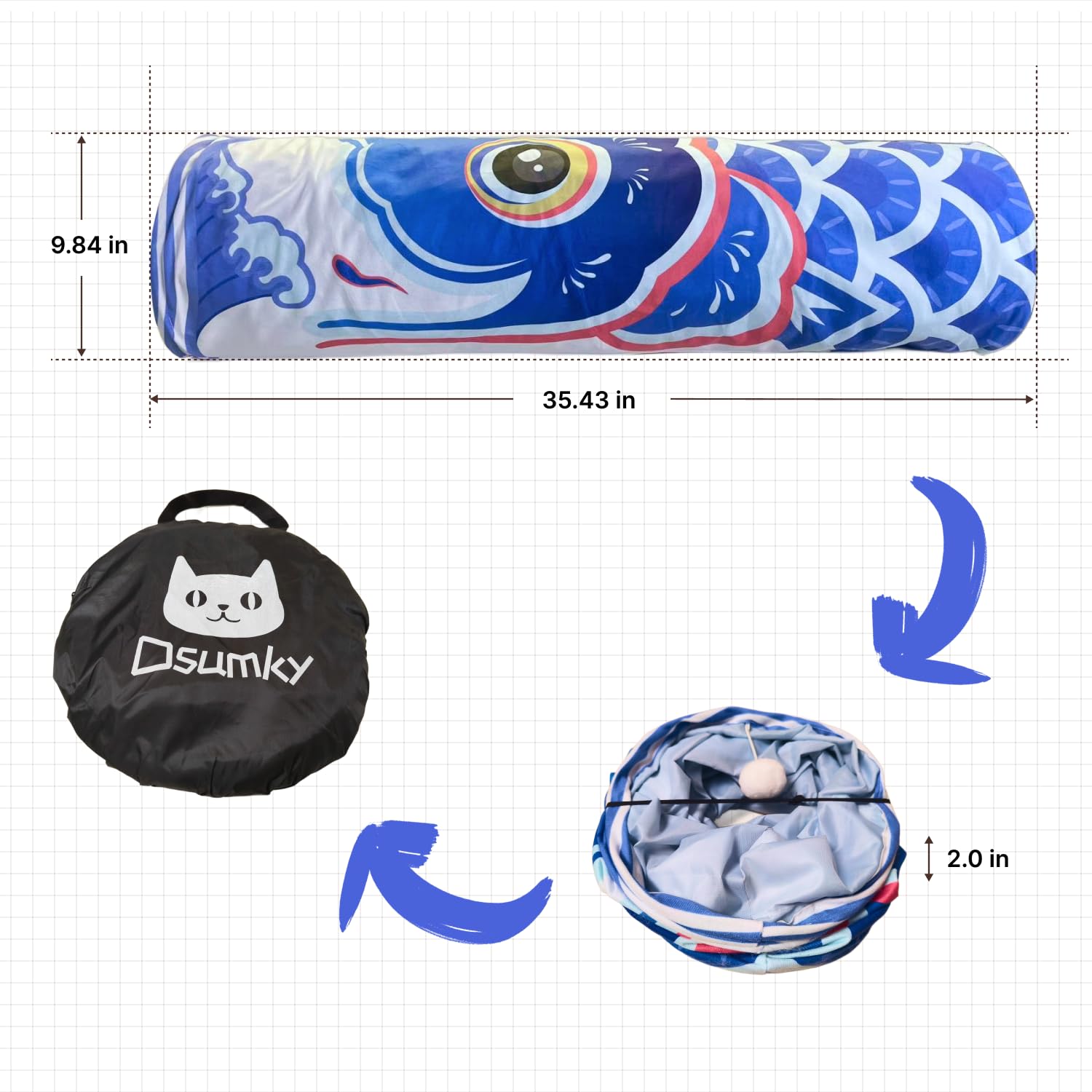 Dsumky Cat Tunnel - Collapsible Velvet Tube, 36'' L x 10'' Dia, Ocean Blue, Easy to Clean, Ideal for Kittens & Large Felines