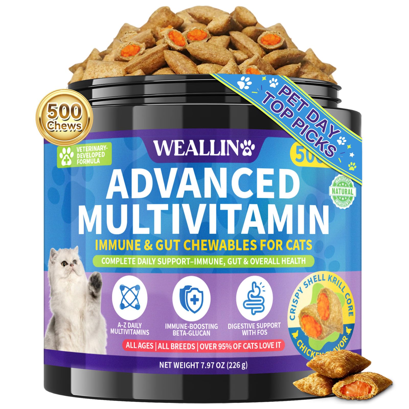 Taurine for Cats Vitamins Treats, 18 in 1 Cat Multivitamins Treats 500 Crunchy & Krill Chews Cat Vitamins with Taurine Supplemen