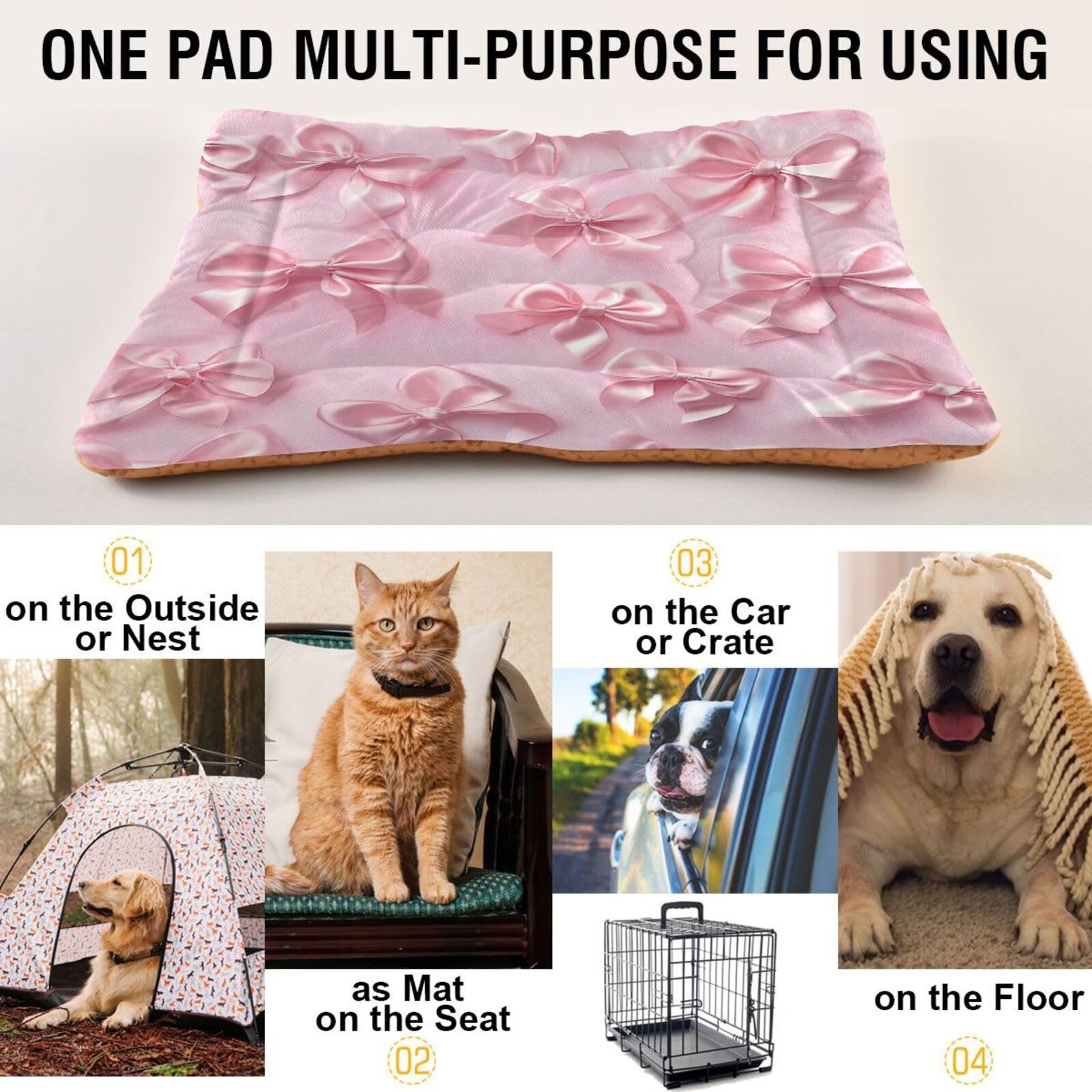 Coikll Pink Bows Pet Bed Pad Soft Dog Bed Mat With Anti-Slip Bottom, Machine Washable Crate Pad Mattress For Dog Sleeping- 24 *