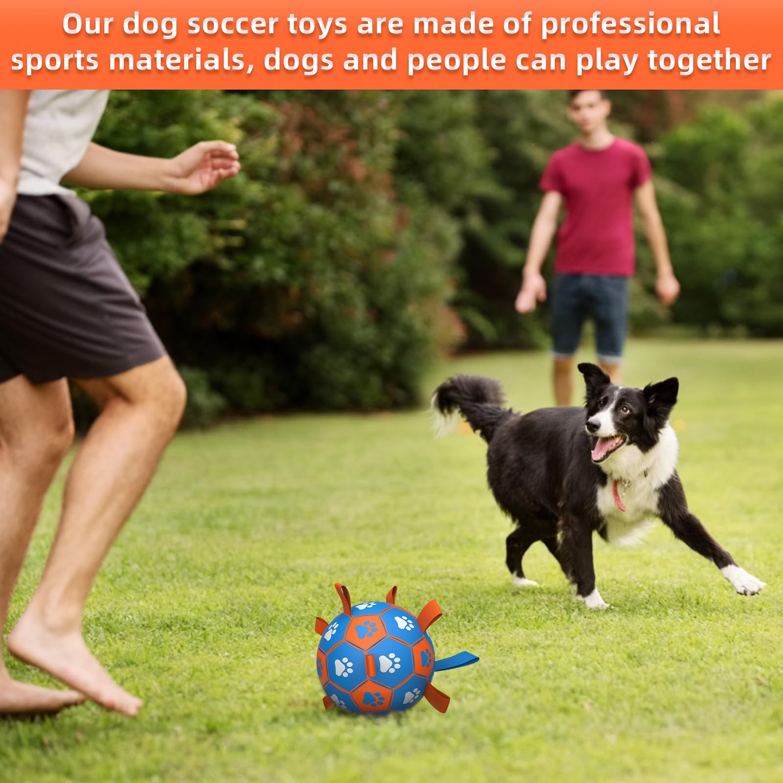QDAN Dog Tug Toy - Interactive Soccer Ball with Straps, Durable PU Leather, Large Size, Blue & Orange, Perfect for Tug of War and Water Play