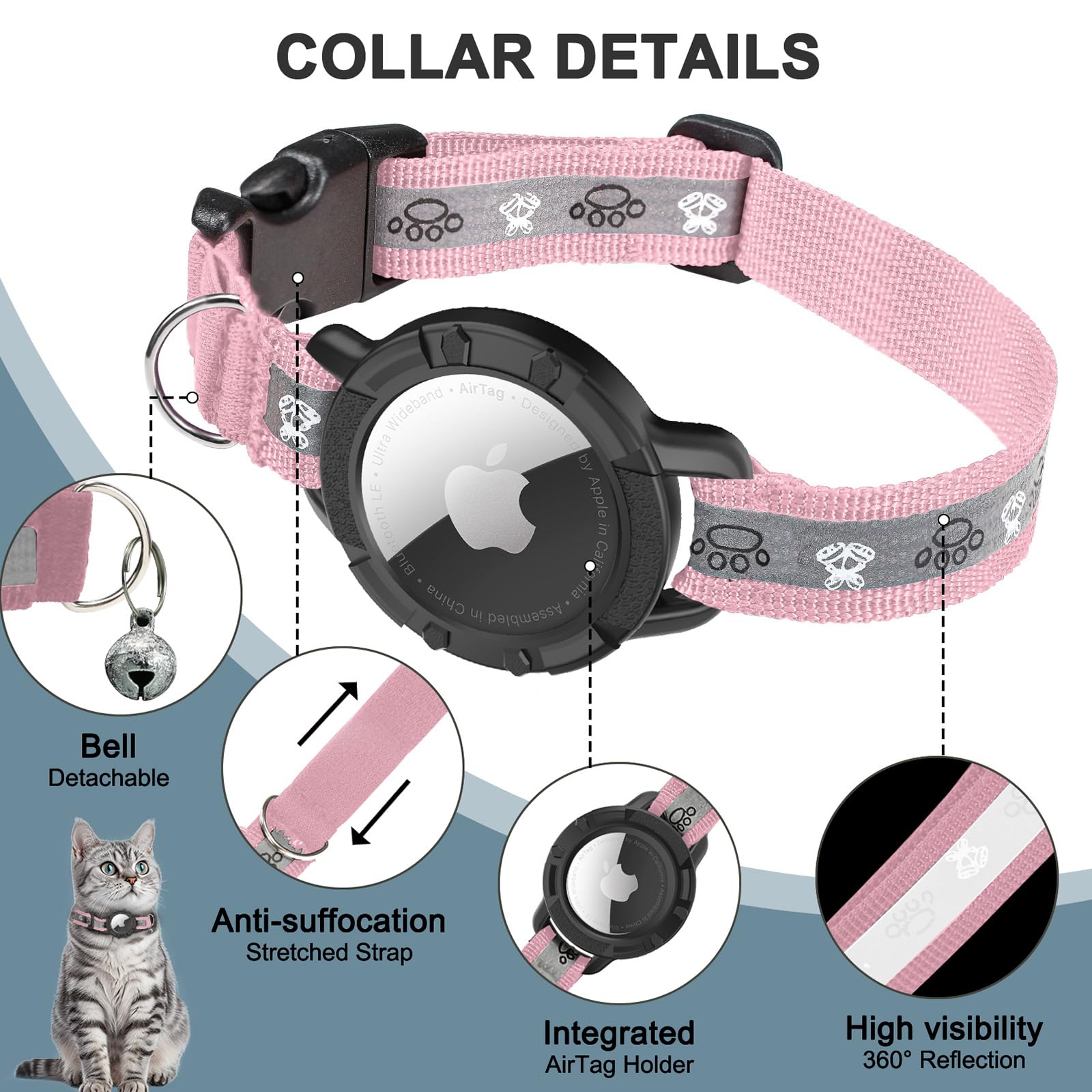Odokele Reflective Airtag Cat Collar, Integrated Cat Tracker Collar With Air Tag Holder And Bell, Safety Elastic Band Cat Gps Collars For Girl Boy Cats, Kittens And Puppies (Pink, S)
