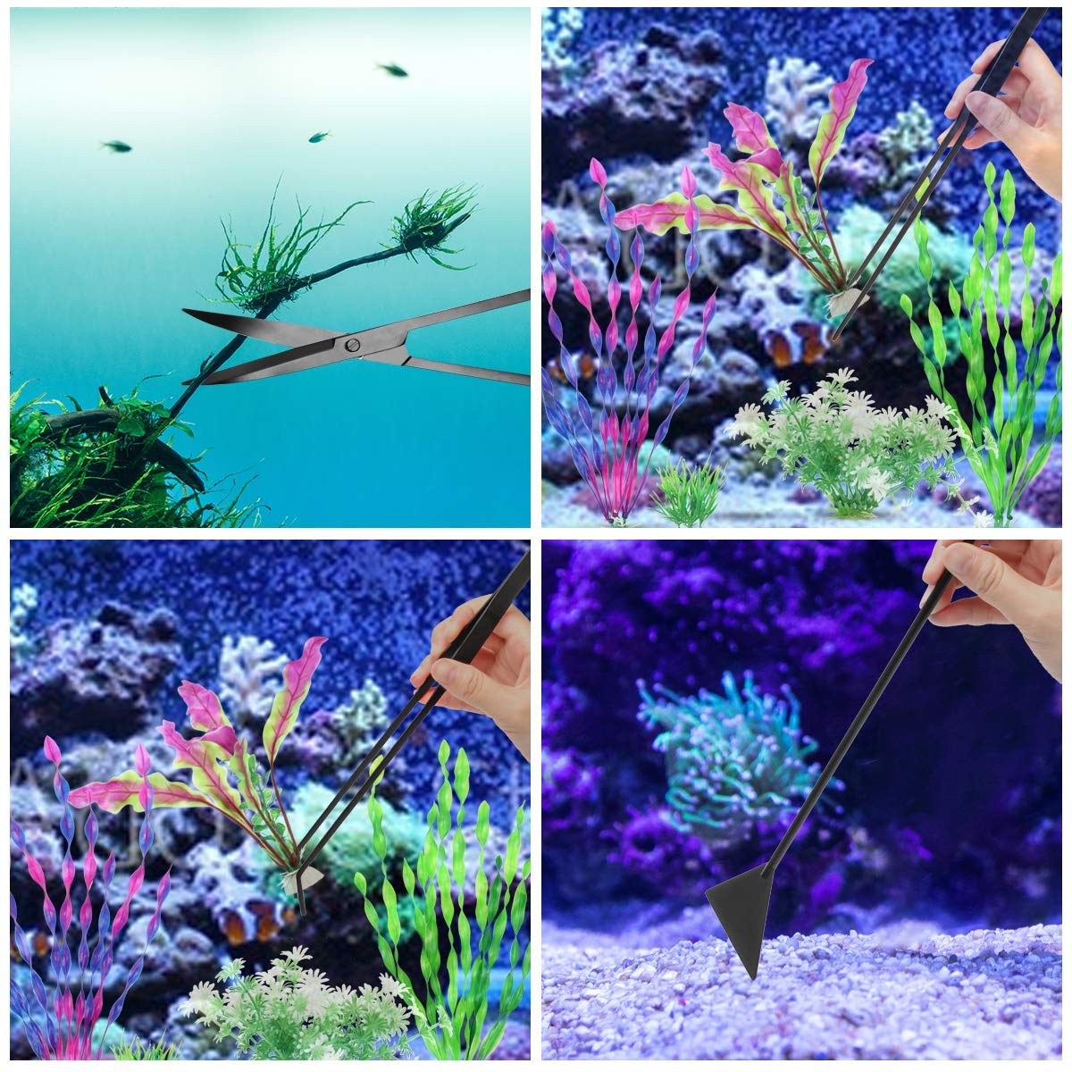 Liveek Aquarium Aquascape Tools Kit, 4 In 1 Anti-Rust Aquatic Plant Aquascaping Tool Stainless Steel Black Tweezers Scissors Spa