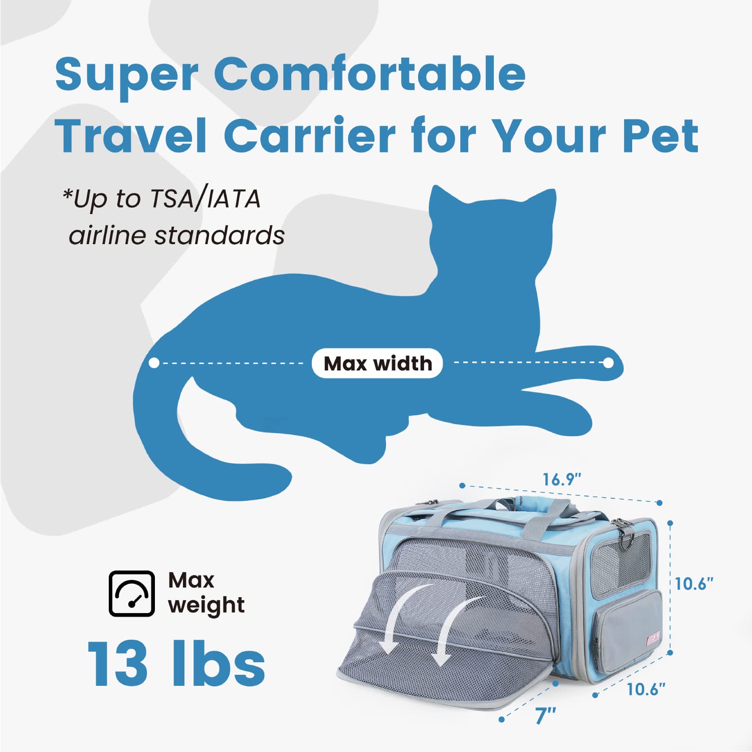 Pawaii Cat Carrier - Airline Approved, Collapsible, Large, Light Grey & Sky Blue, Model US-PC01KB, Comfortable & Portable Travel Carrier