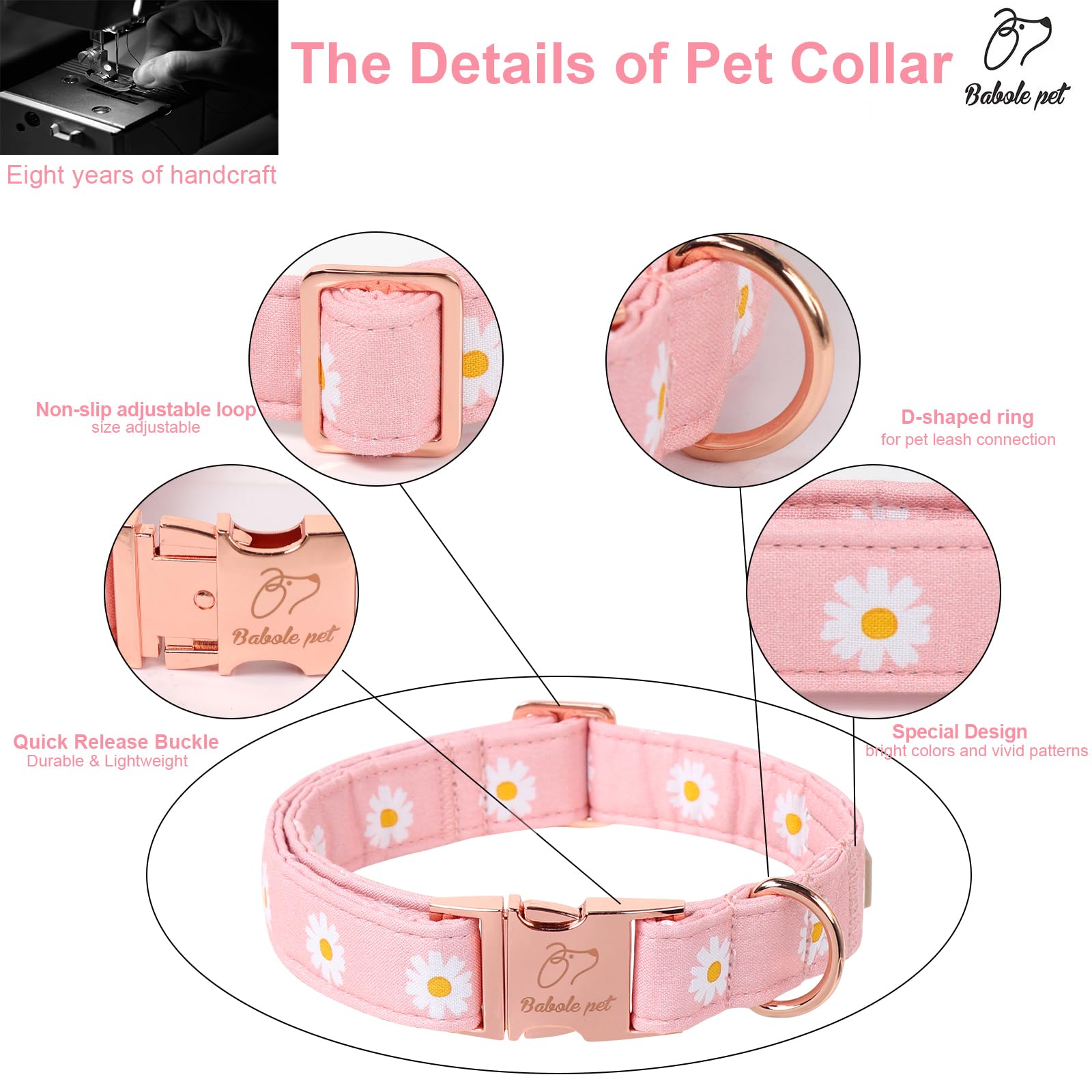 Babole Pet Spring Dog Collar, Cute Pink Daisy Femal Pet Collar With Metal Buckel, Durable Adjustable Designer Dog Collars For Sm