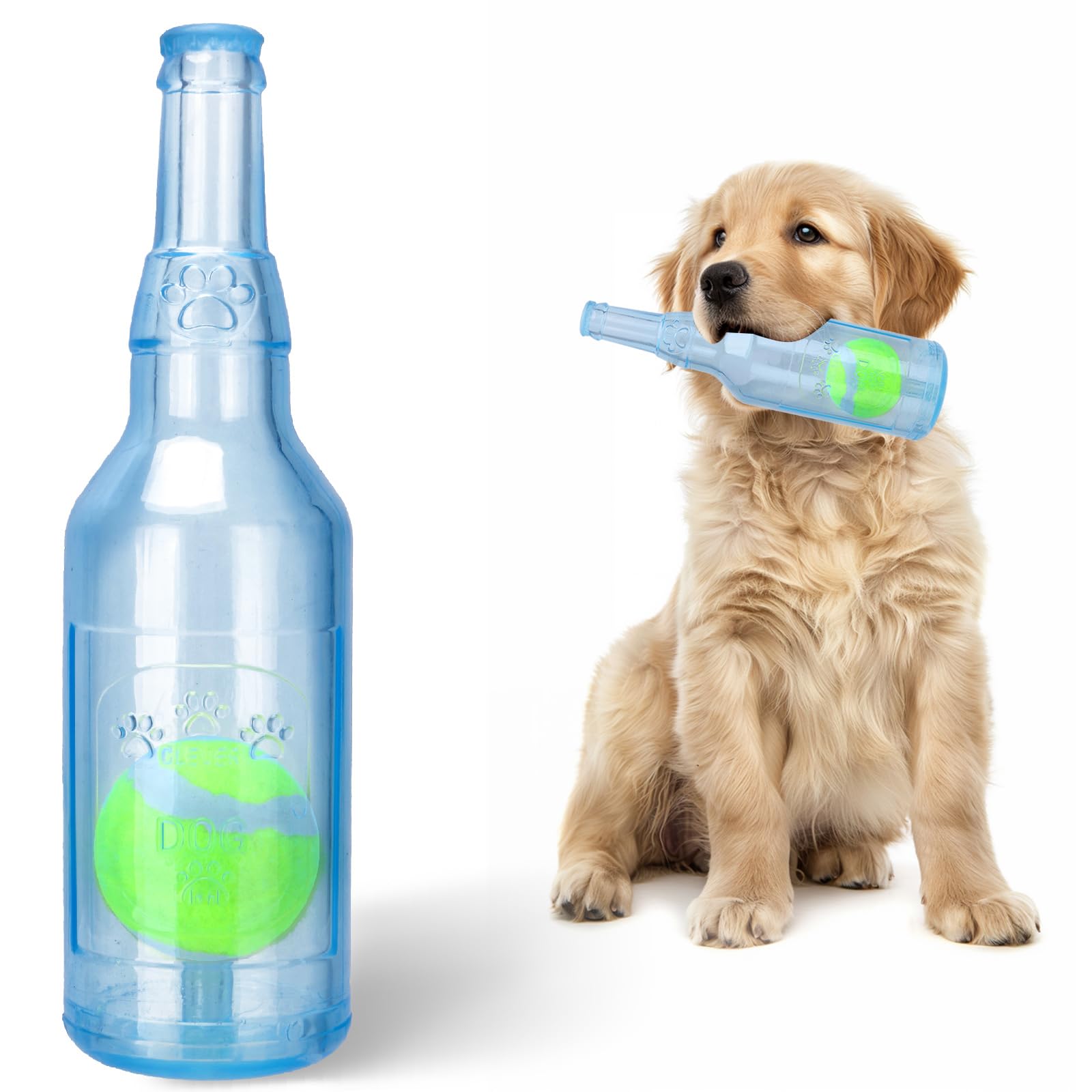 Squeaky Chew Toy For Dogs, Tpr Bottle With Tennis Ball Inside (Blue, Large)