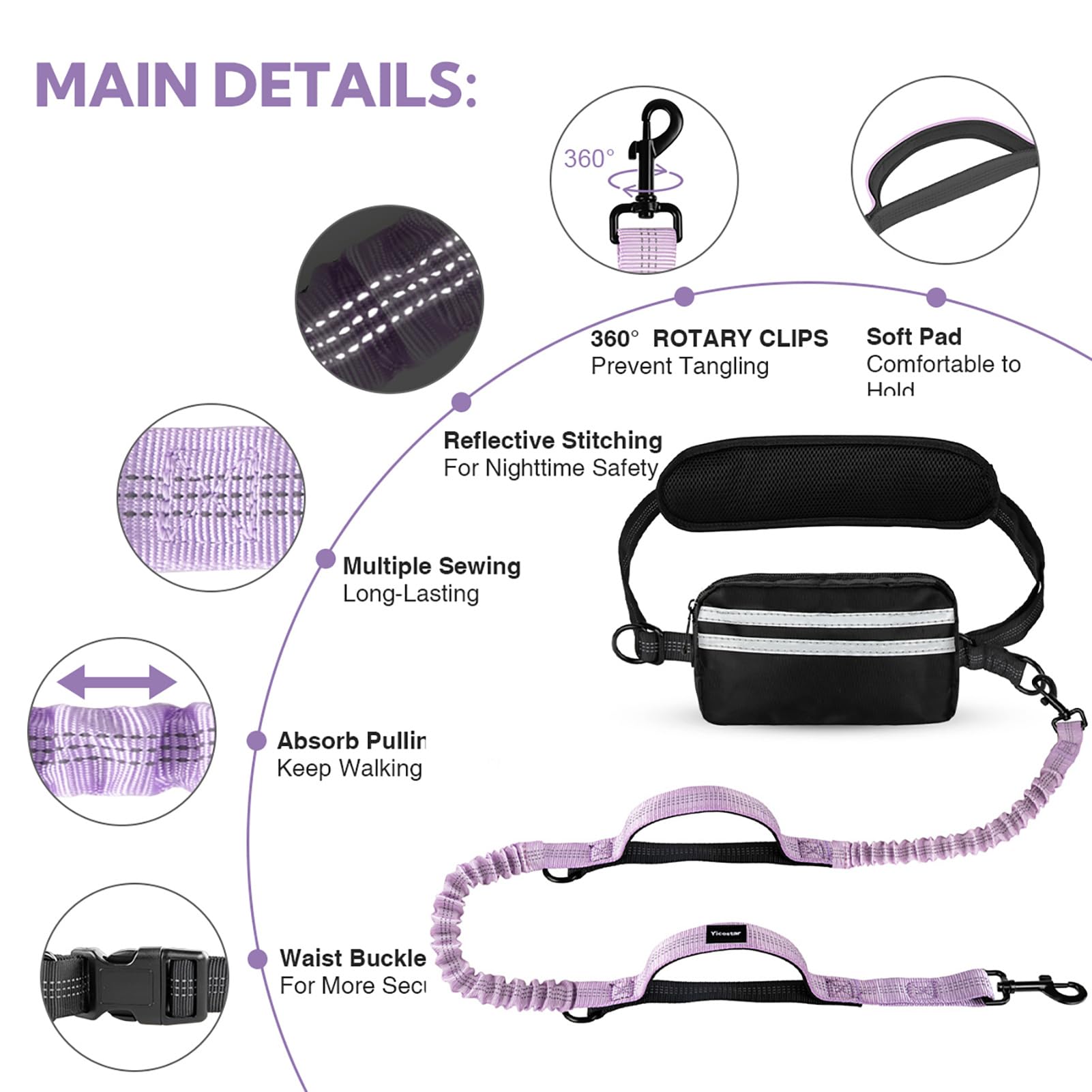 Yicostar Hands Free Dog Leash, Adjustable Waist Belt With Double Padded Handles,Retractable Bungee, Waist Leash For Dog Walking,