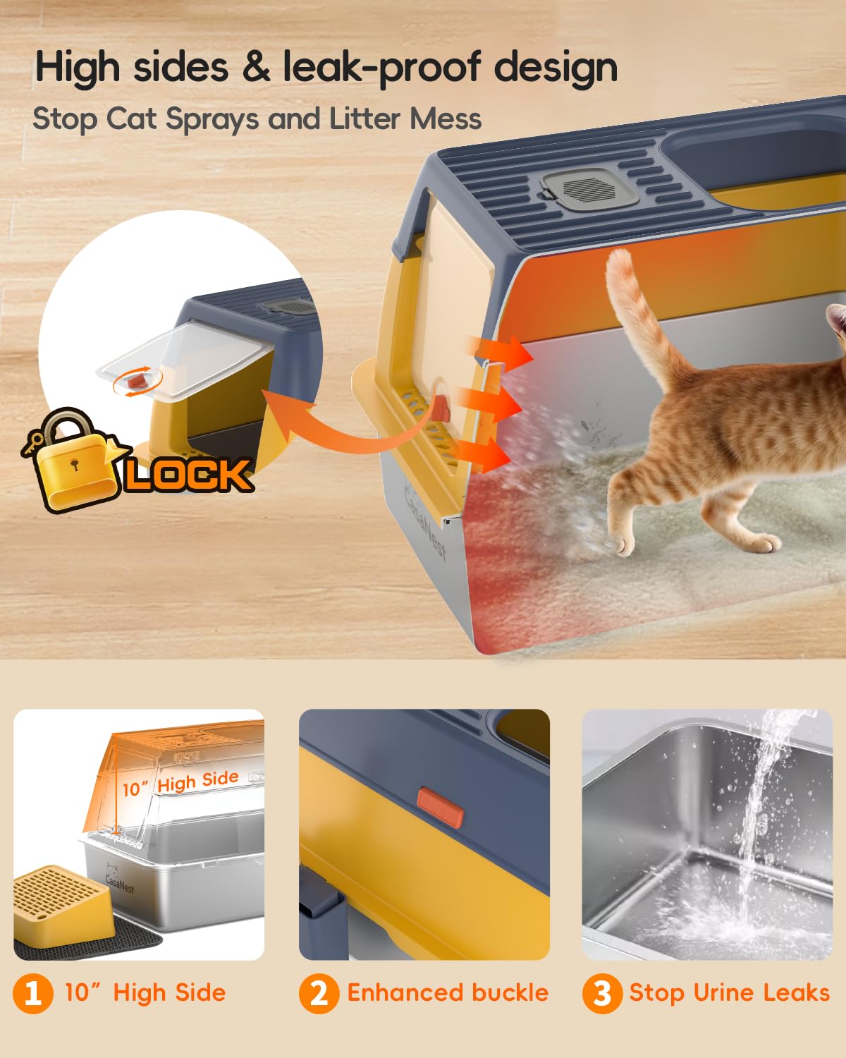 Casanest Xl Extra Large Stainless Steel Cat Litter Box With Lid, 3-In-1 Enclosed/Open, Durable Metal Litter Box For Big, Multi C