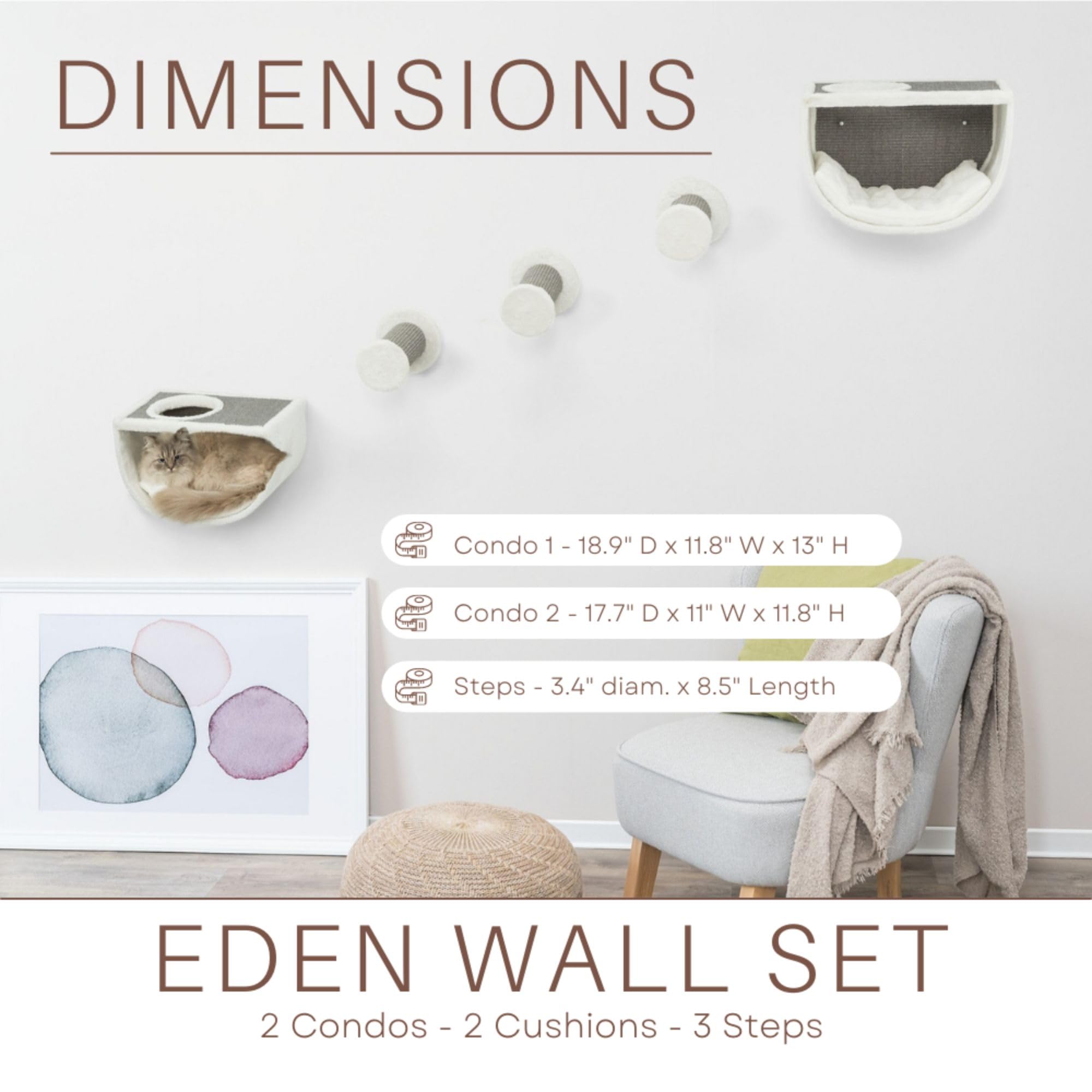 Trixie Eden Wall Mount Cat Tree 5Pc Set, 2 Condos And 3 Perches/Steps, Scratching Post, Gray