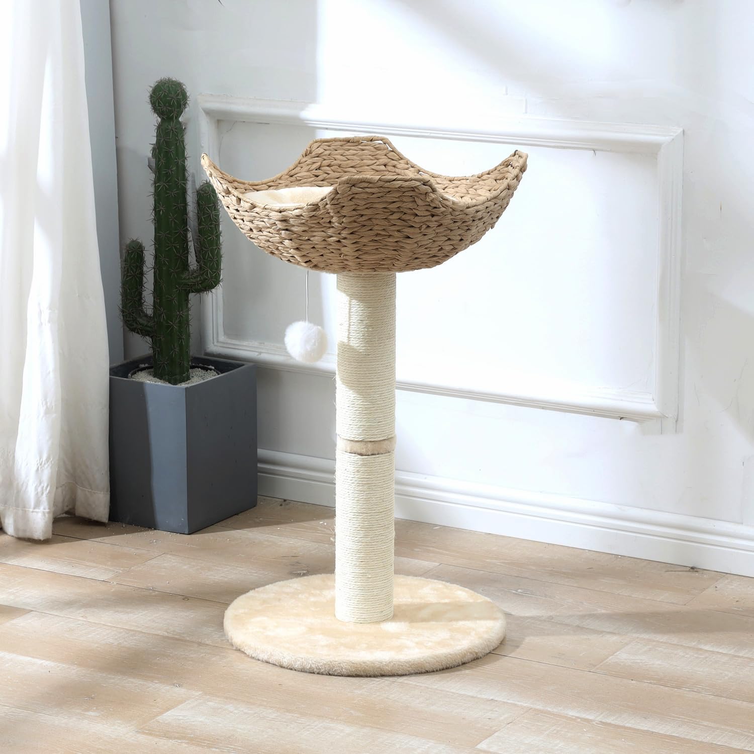SHENGOCASE Cat Tree Tower with 17.7" Rattan Basket, Metal Frame, Window Perch for Large Cats up to 25LBS
