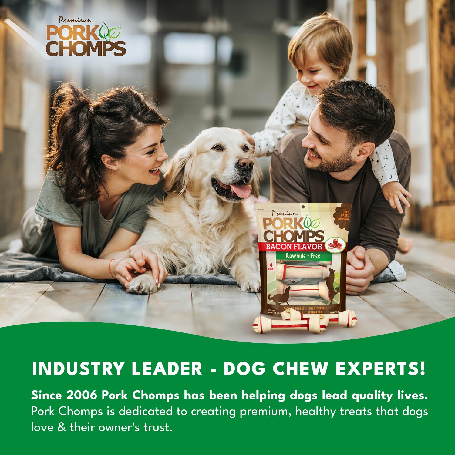 Pork Chomps Baked Pork Skin Dog Chews, 11-inch Knots, Bacon Flavor Strip, 4 Count