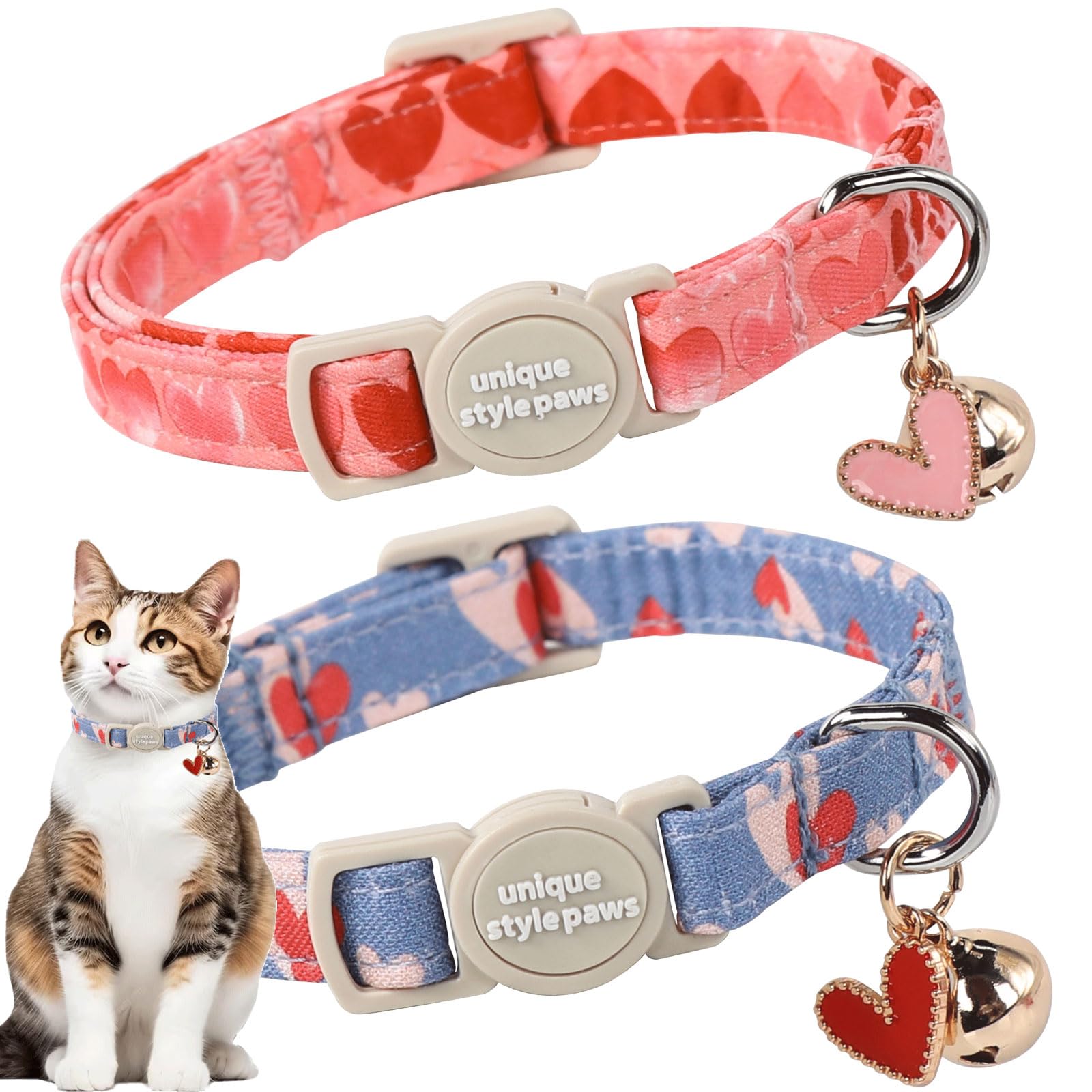 Unique Style Paws 2 Pack Valentine'S Kitten Collar Breakaway With Bell&Pendant, Adjustable Safety Red Lip Rainbow Cat Cotton Col