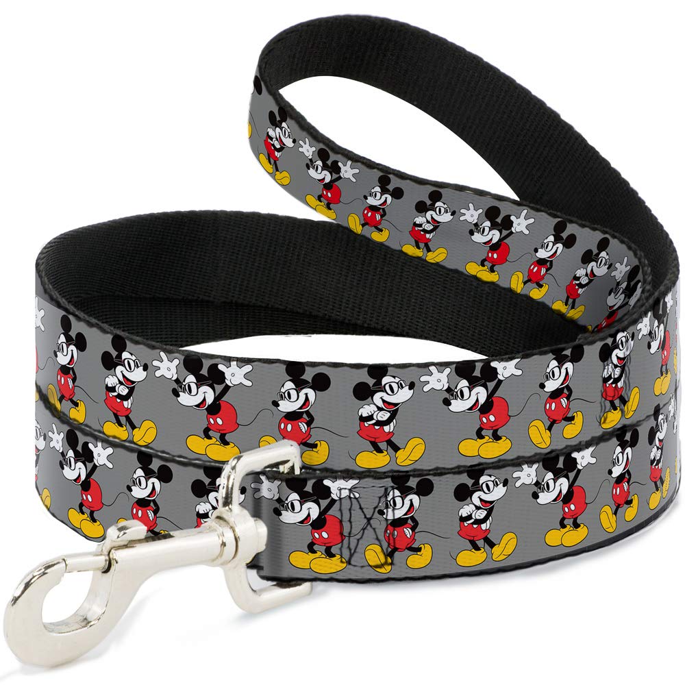 Buckle-Down Pet Leash - Mickey Mouse W/Glasses Poses Gray - 6 Feet Long - 1.5' Wide