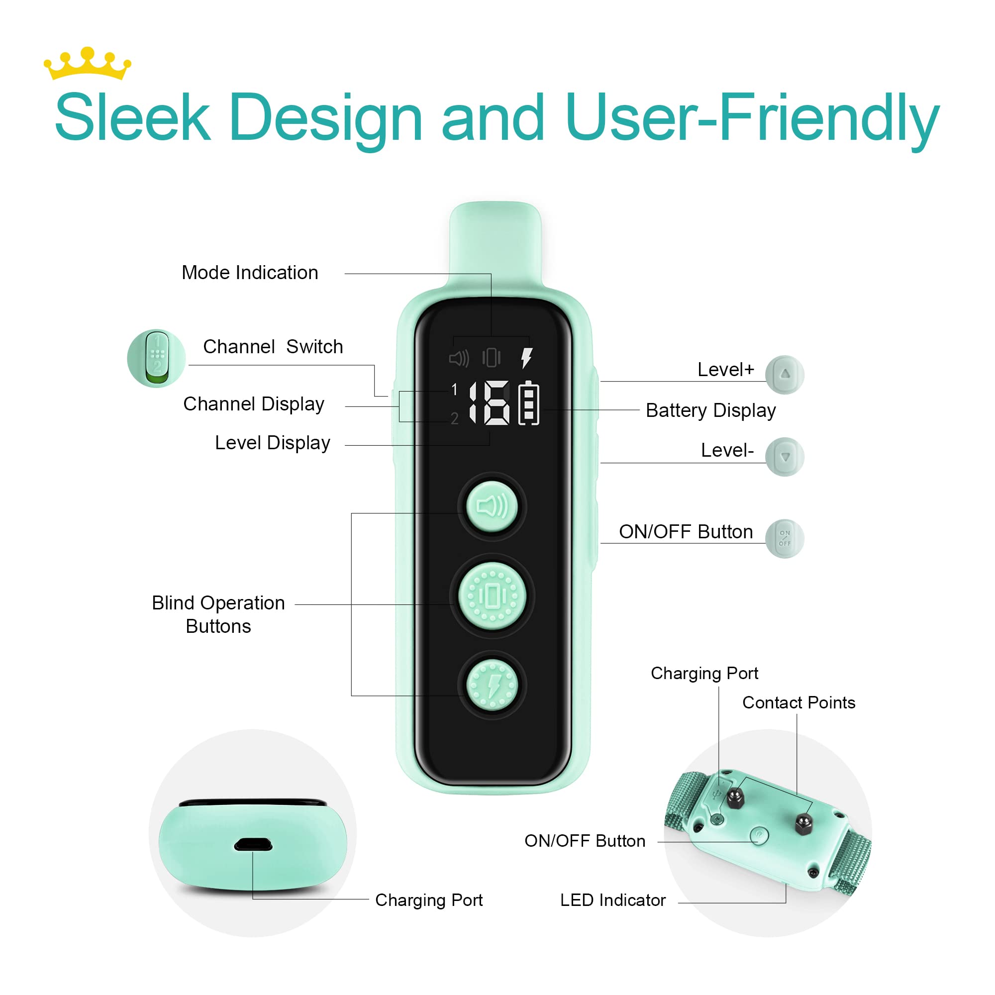 BOUSNIC Dog Training Collar - Waterproof Rechargeable Electric Shock Collar with Remote, Beep, Vibration Modes, 8-120 lbs, Green, Model P Collar650A