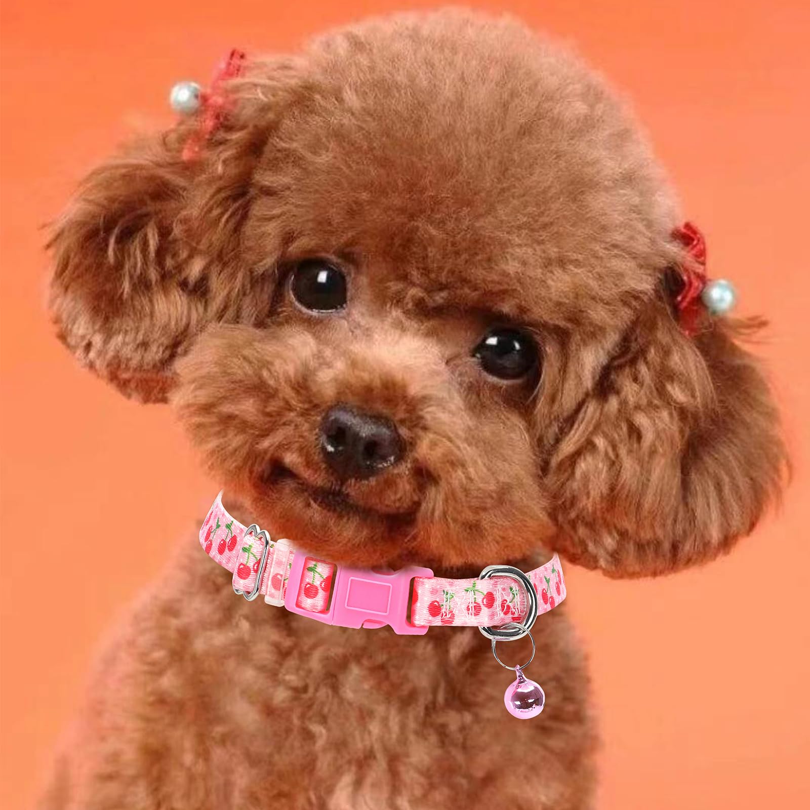 Cute Small Dog Collar With Bell,Pink Cherry Puppy Collar Tiny Cat Collars With Bells For Xs Small Pet Boy And Girl Dogs Kitten L