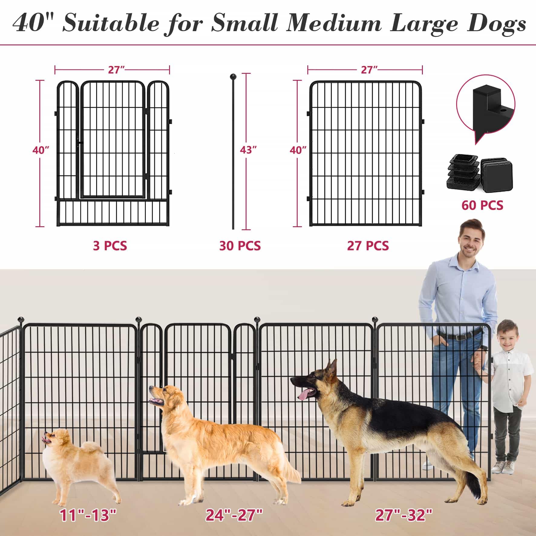 Jhsomdr Dog Playpen 40 Inch 30 Panels Indoor Outdoor Dog Pen For Large/Medium/Small Dogs Heavy Duty Metal Dog Fence Outdoor For